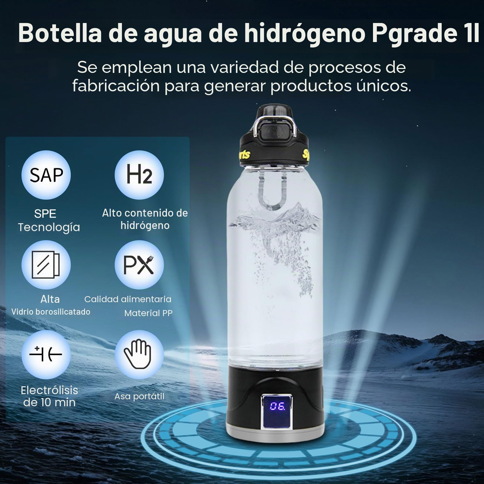 Botella de agua de hidrógeno, 1 L, con tecnología SPE y PEM, 10 min, electrólisis 1 L, USB, generador de agua, para viajes y deportes