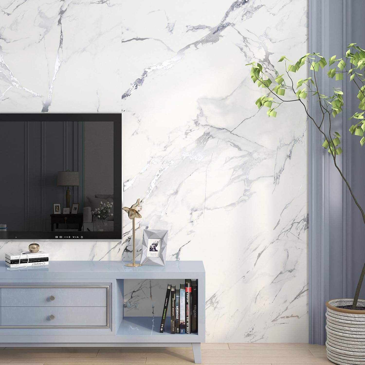 FunStick 60CM×5M Papel Pintado Baño Marmol Blanco Papel Adhesivo para Encimera Cocina Muebles Vinilo Adhesivo Marmol Blanco Plateado Vinilo Autoadhesivo Pared Salón Lavable Vinilos para Muebles Cocina