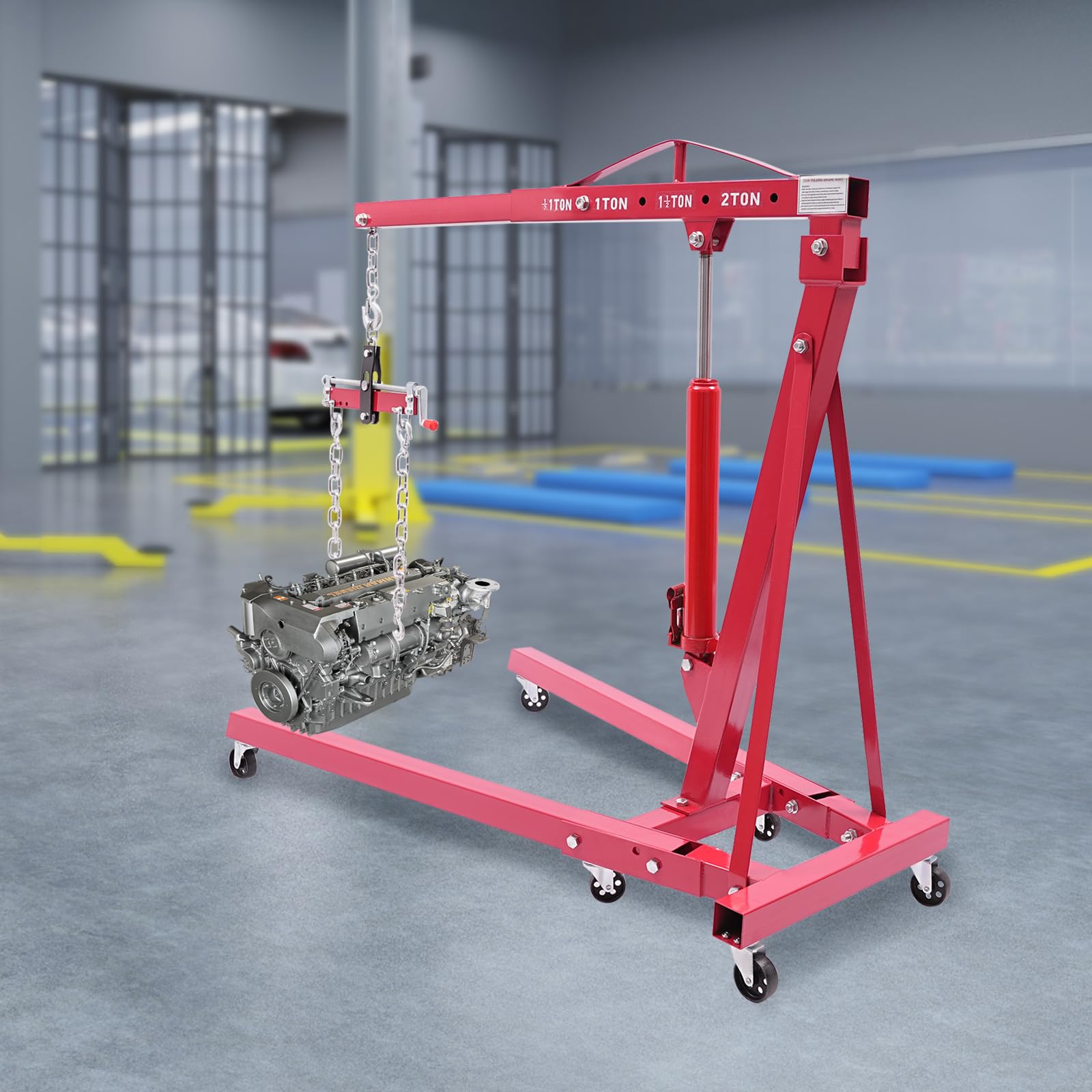 Grúa hidráulica plegable 2T, grúa de taller con compensador de motor, capacidad de carga de 2000 kg, grúa de motor plegable para taller de automóviles, industria y almacén, incluye travesaño