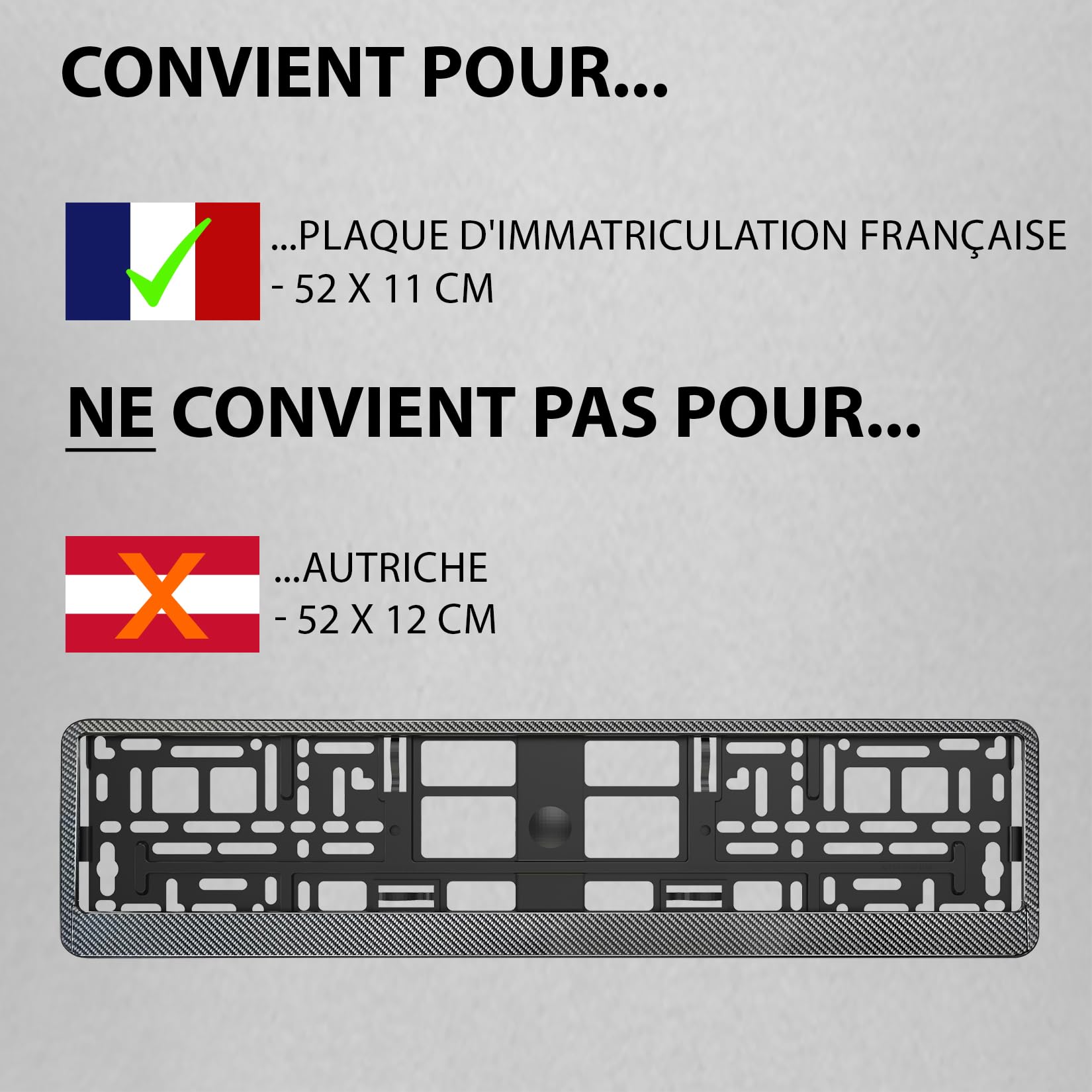 Lot de 2 - Supports de Plaque d'Immatriculation Voiture - [Simple, Rapide & sûr] - Porte Plaque Immatriculation pour Voiture - Auto Fixation pour Plaque - 52x11cm Discret Universel - Optique Carbone