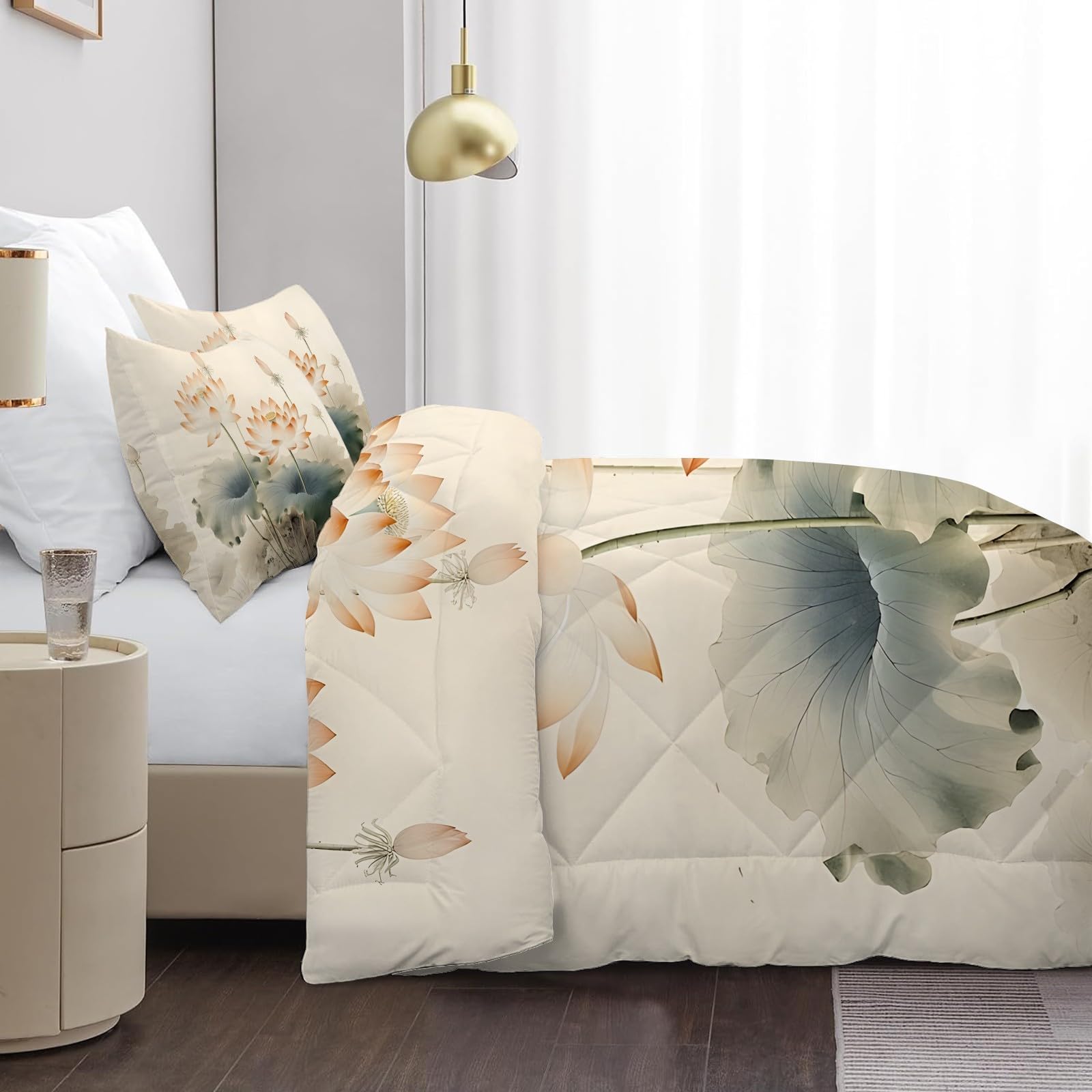 Edredon Nordico Cama 180 Loto, Relleno Nordico 240x260 de Microfibra, Edredón 4 Estaciones Reversible Acuarela, Edredones Estampados Botánico con 2 Fundas de Almohada 50x75 cm U-759