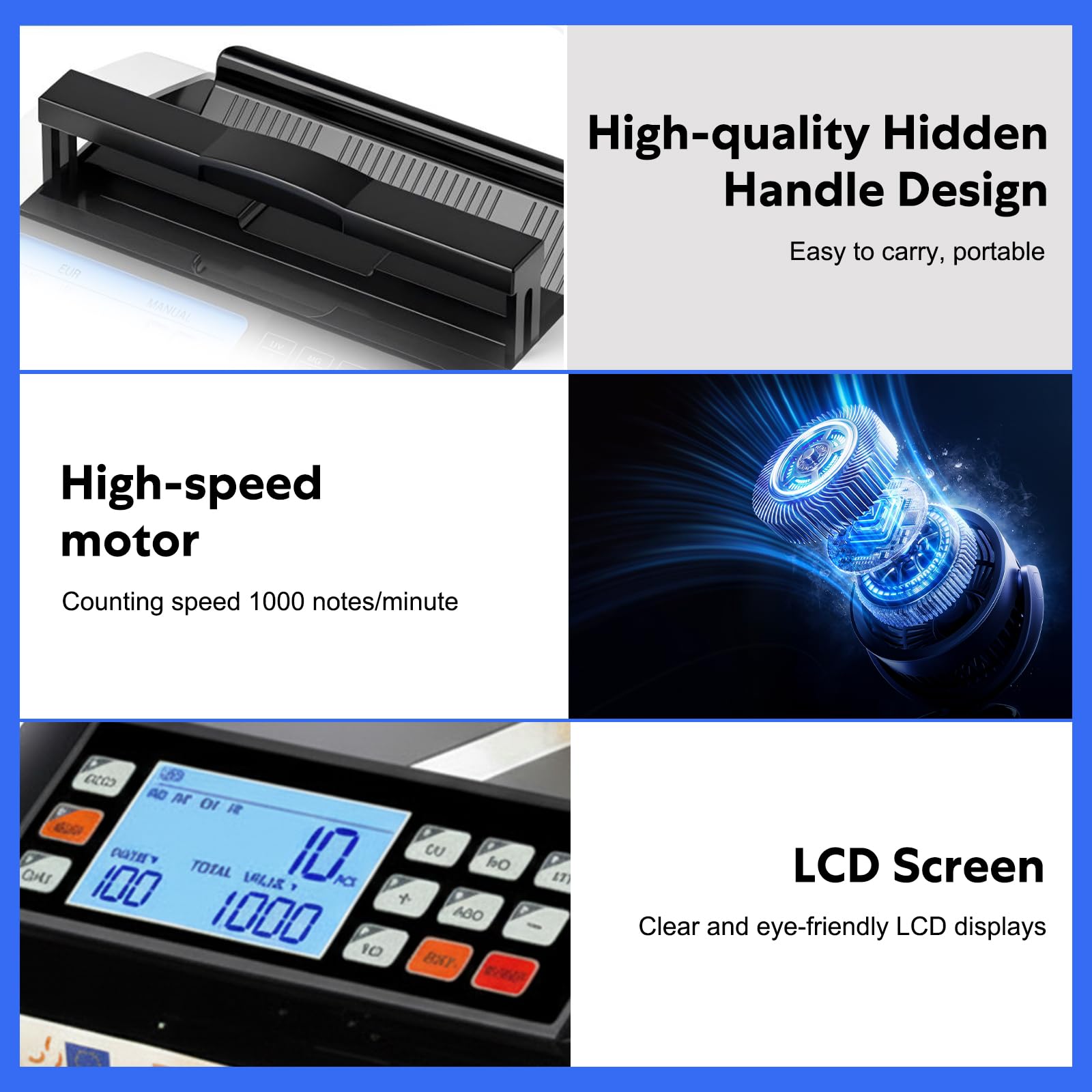 Compteuse de Billets Professionnelle Machine a Compter les Billets, Détection UV/MG/IR/MT, 1000 Billets/Min, Machine Compte Billet Affichage LCD 3,5” et Écran LED Externe, Mode Addition, Valeur et Lot