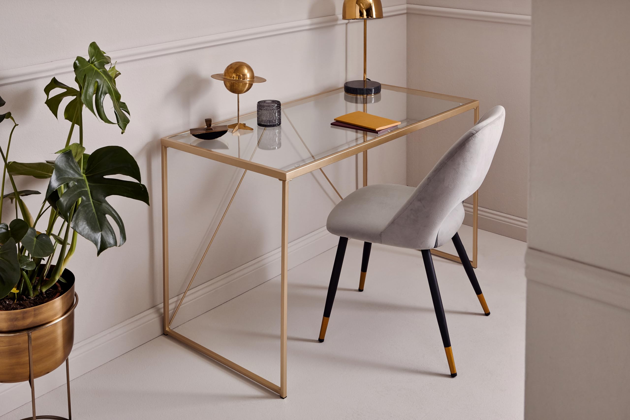 Jahnke Glam Desk - Escritorio de Cristal Templado, Cristal Transparente, Aspecto Dorado, Talla única
