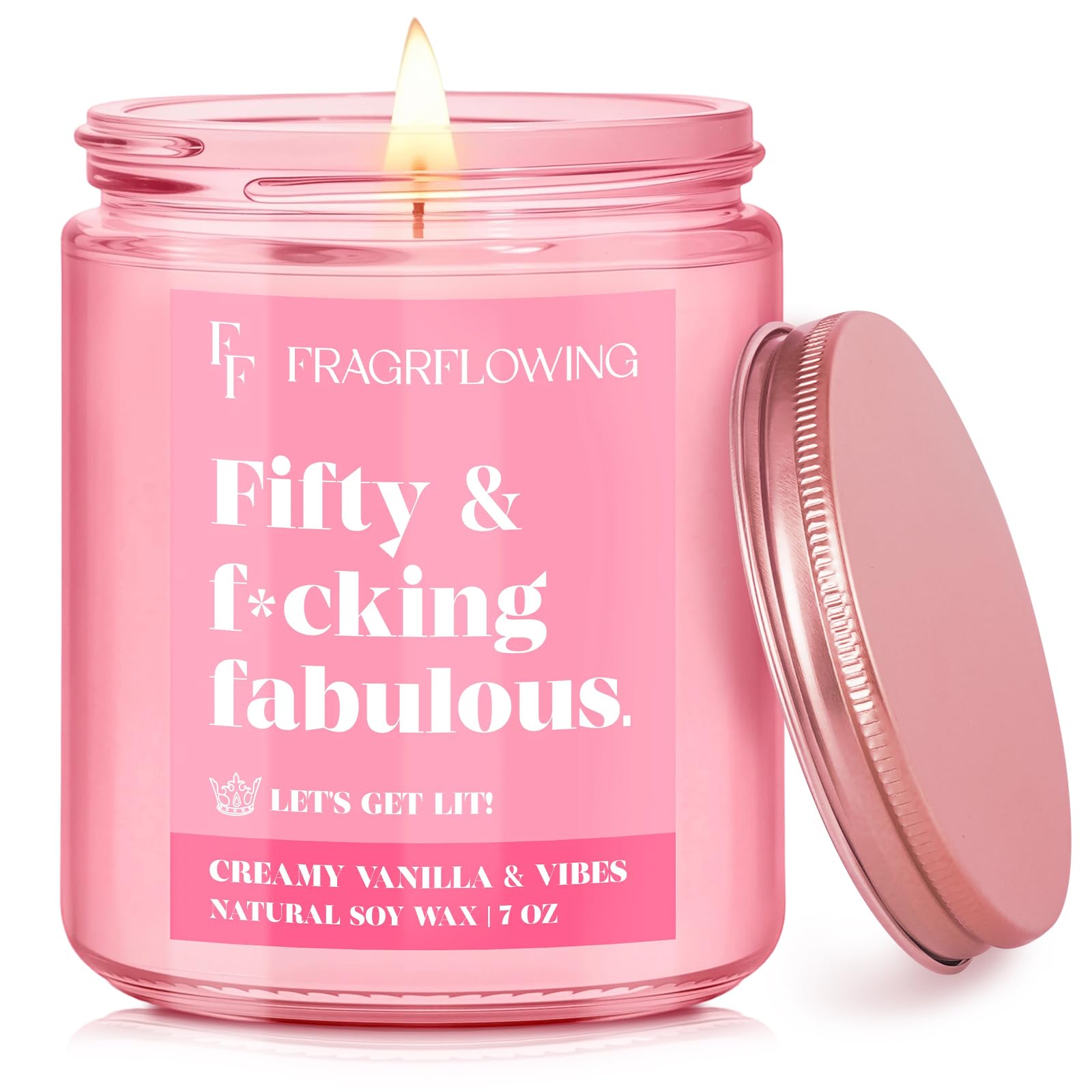 50th Birthday Candle Gifts for Women - Fifty & Fabulous! Creamy Vanilla & Natural Soy Wax Candle, Pink Jar Funny Gifts for Daughter, Sister, Best Friend or Wife Birthday Decorations