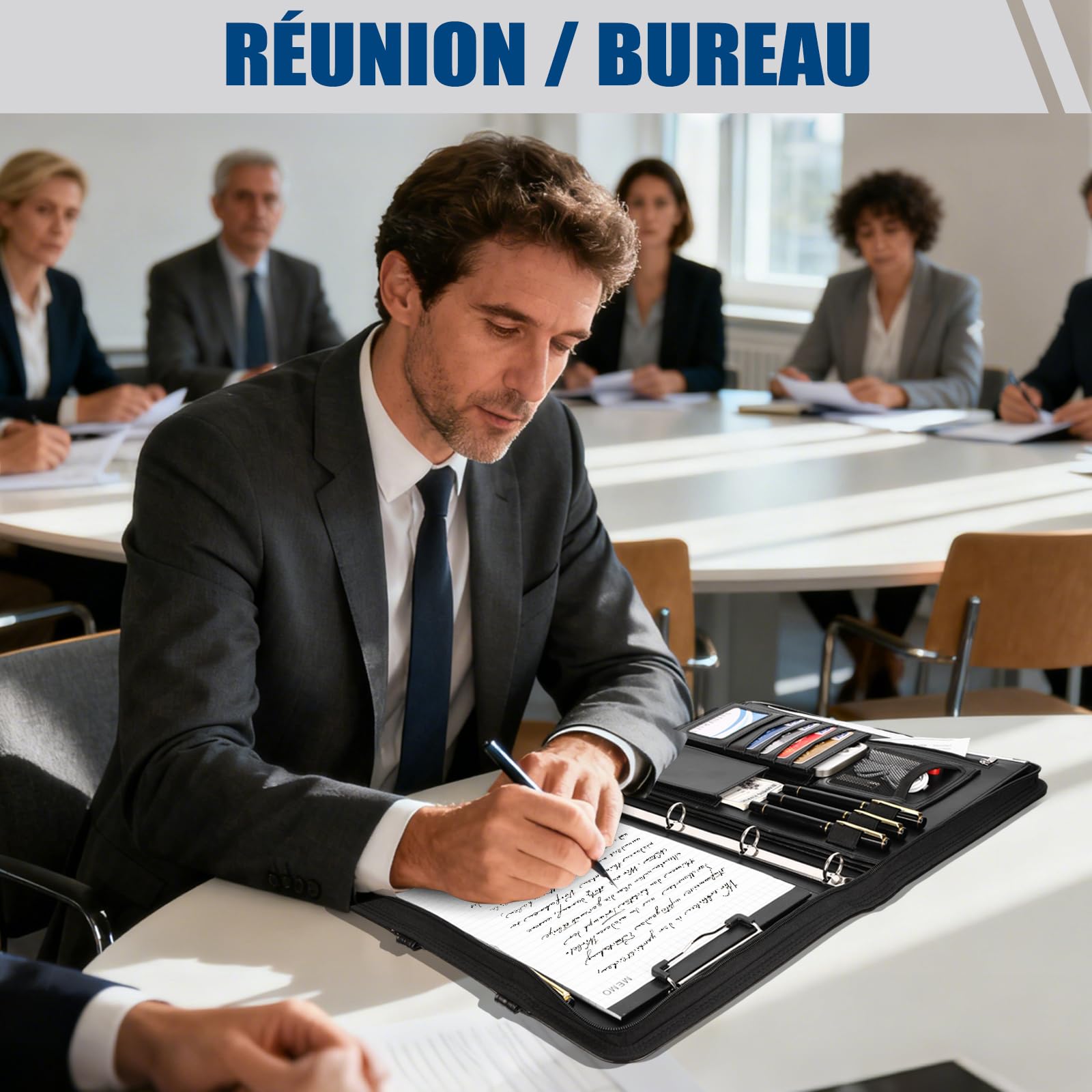 Porte Document A4 Cuir PU avec 5 Intercalaires, Portefeuille Portfolio Organiseur Bureau Noir