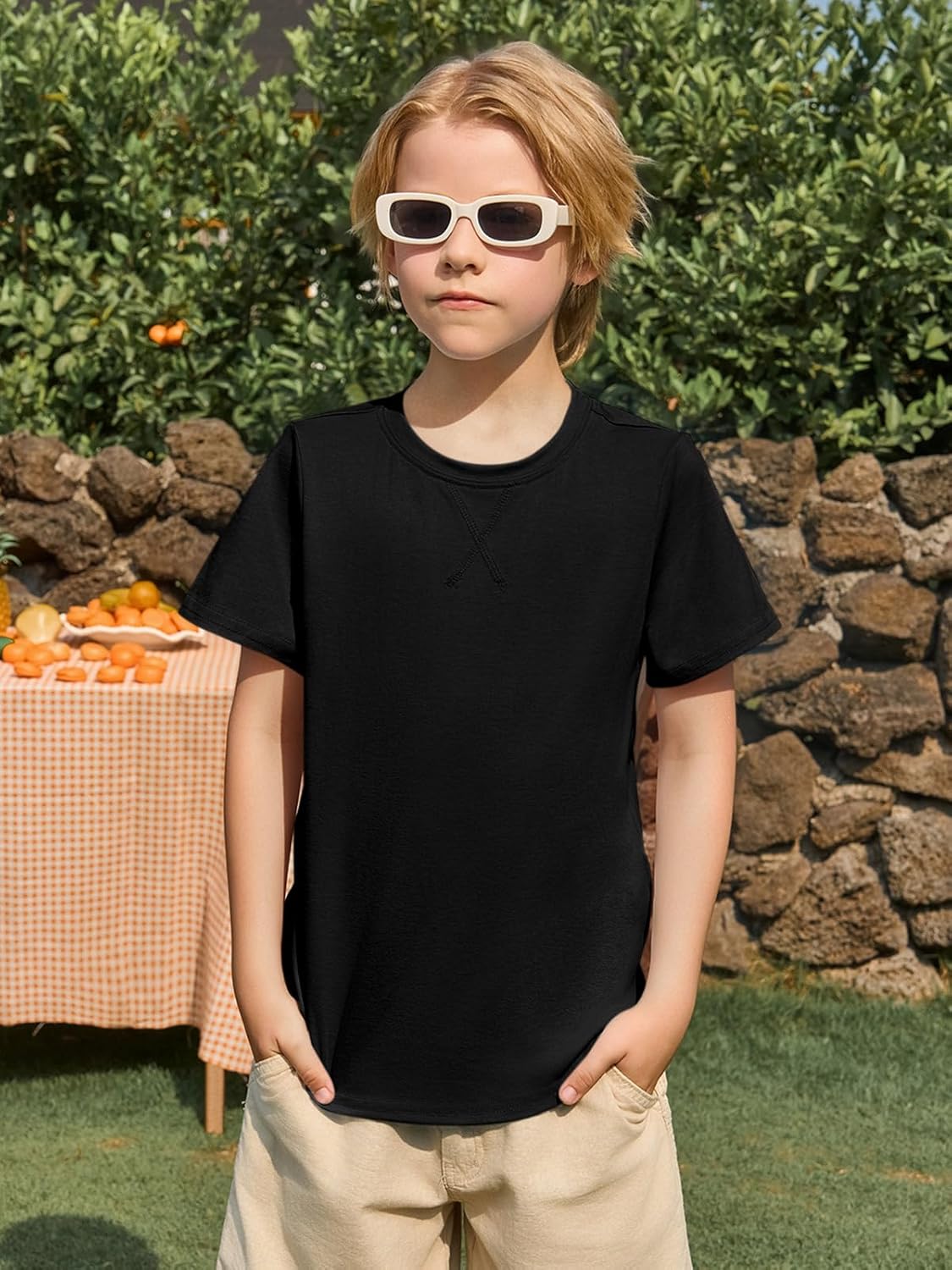 Haloumoning Boys Short Sleeve Shirts Kids Summer Crewneck Curve Hem Tunic Tops Basic tees 5-14 Years - Image 2