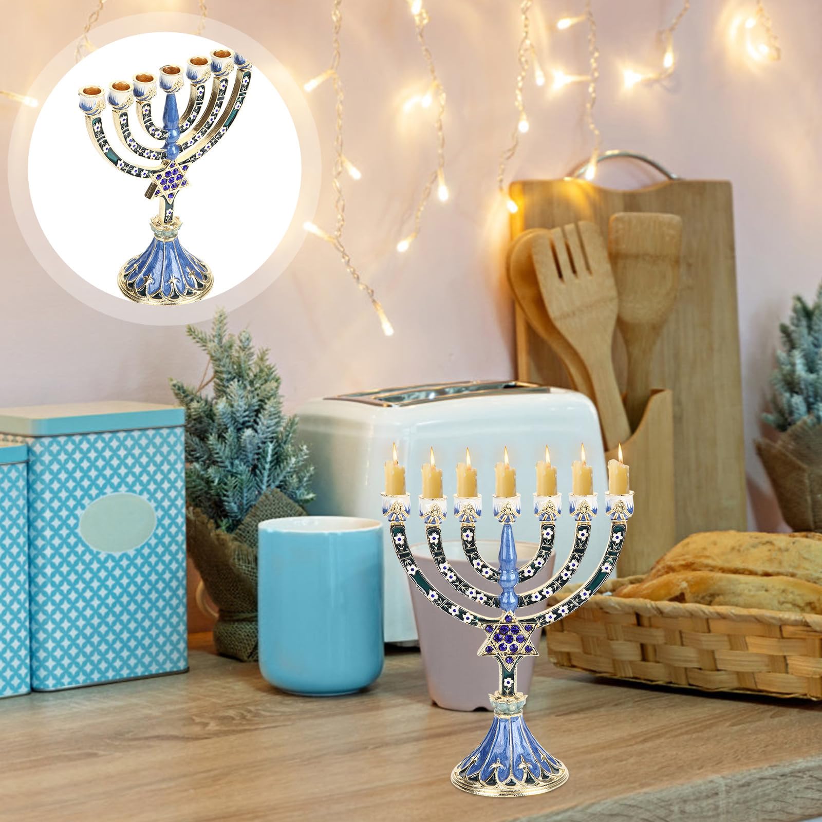 Candelabro Judío de 7 Brazos de Aleación Azul Retro | Estilo Religioso, Efecto Decorativo y Uso Prolongado, para Salón y Fiestas