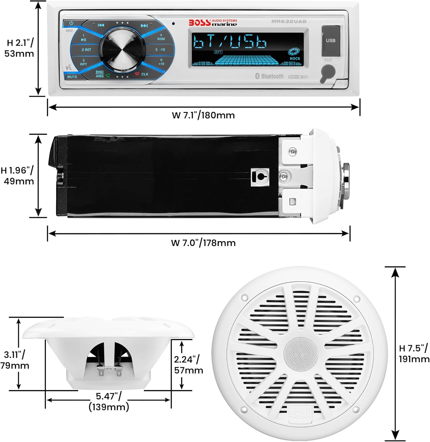 Dimensions diagram for the BOSS Audio Systems marine receiver and 6.5-inch speaker