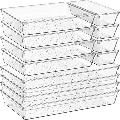 Criusia Paquete de 12 bandejas organizadoras de cajones de plástico transparente Almacenamiento de cajones acrílico multiusos para cocina, baño,