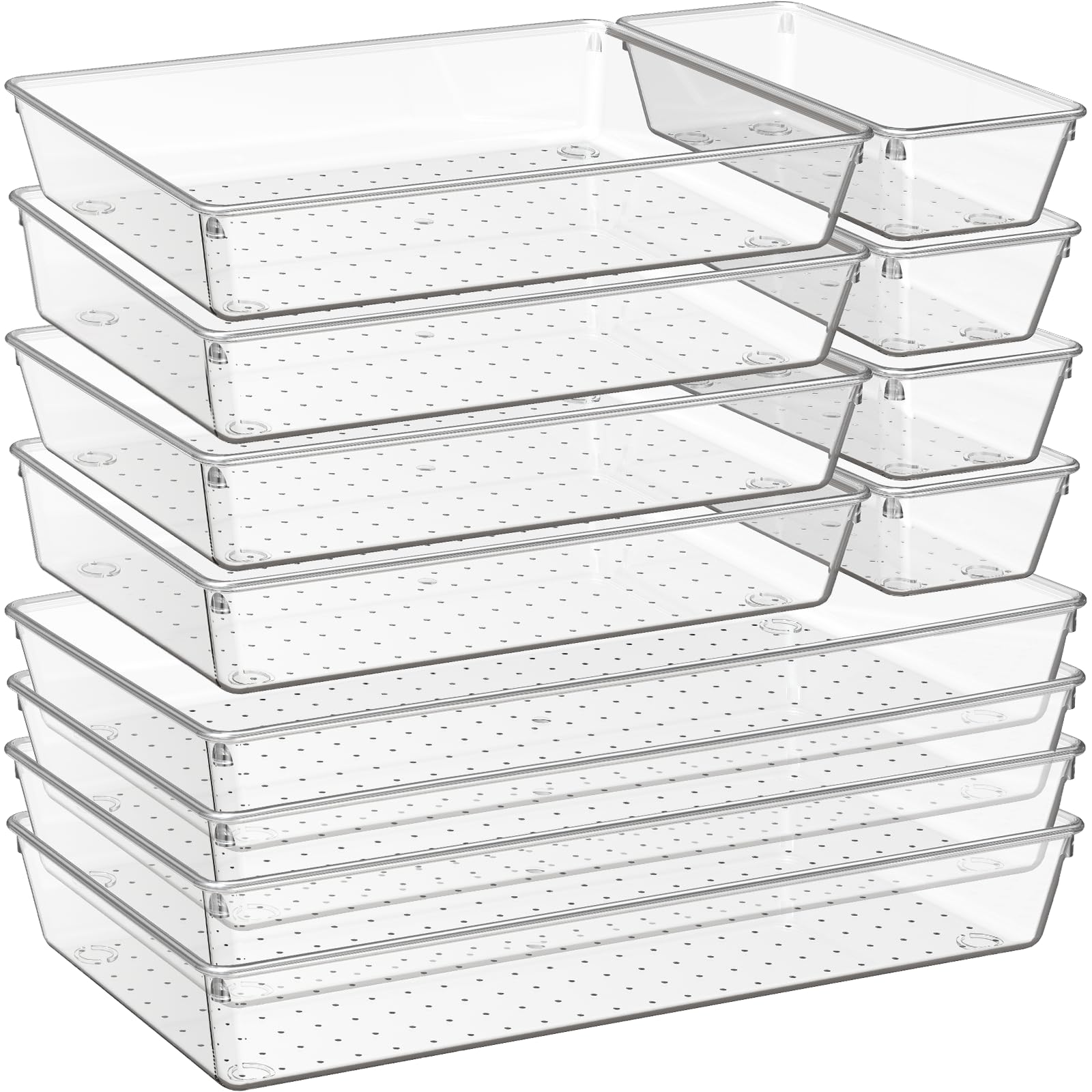Criusia 12 Pack Large Clear Plastic Drawer Organizer Trays | MULTI-USE Acrylic Drawer Storage for Kitchen, Bathroom, Makeup, Office, School, Undies | College Dorm Room, Home Apartment Essentials