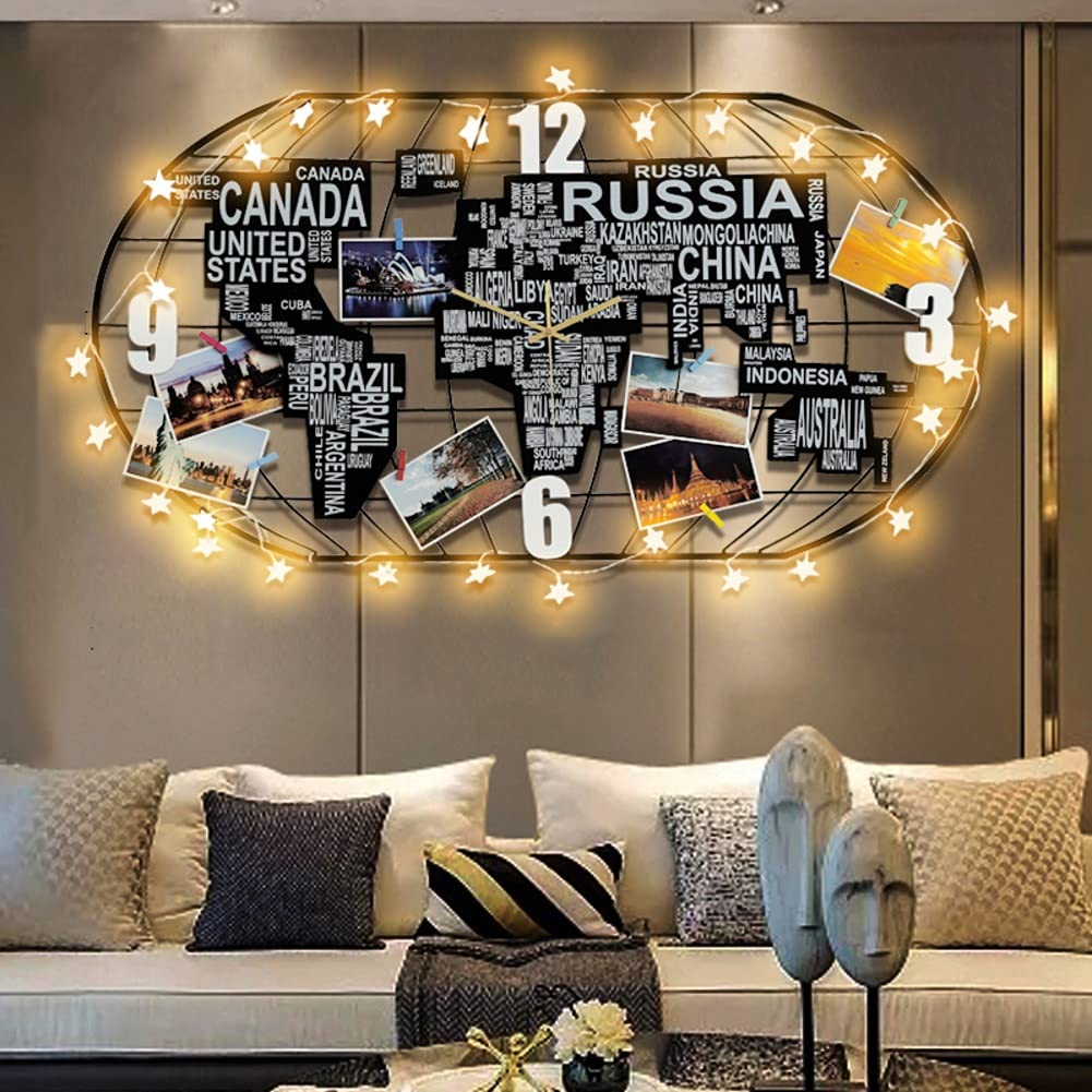 DANADESK World Map w/LED Light Wall Clock, Silent Non-ticking Large Clock Metal Frame Wood Hanging Clock Living Room Wall Decoration (Color : B, Size : 100x52cm(39x20inch))