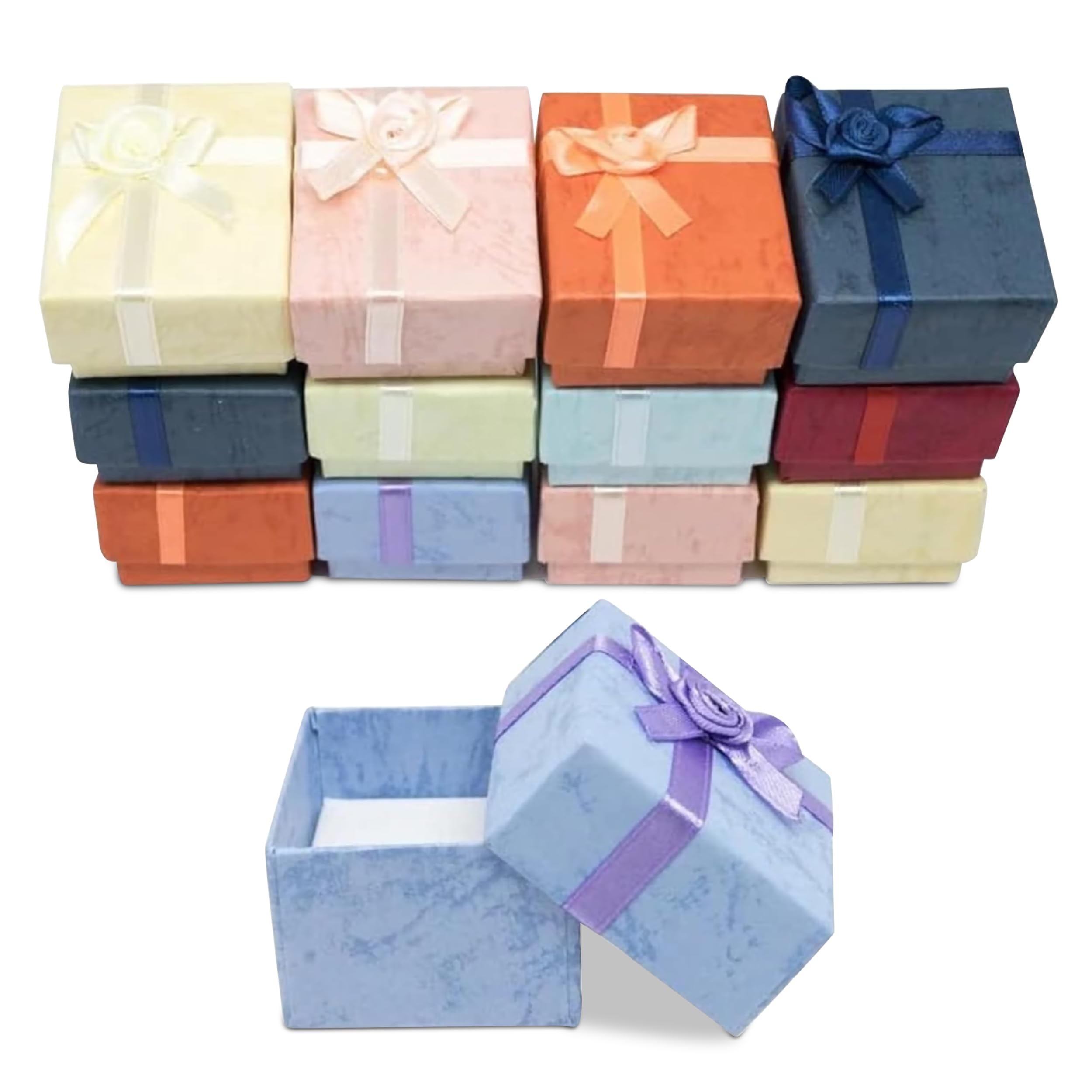 Novel Box 12 Pack Cardboard Jewelry Boxes for Rings 1.8x1.5x1.8 Inches - Ring Gift Box with Rosebug Bows - Rings Holder Cases for Weddings & Special