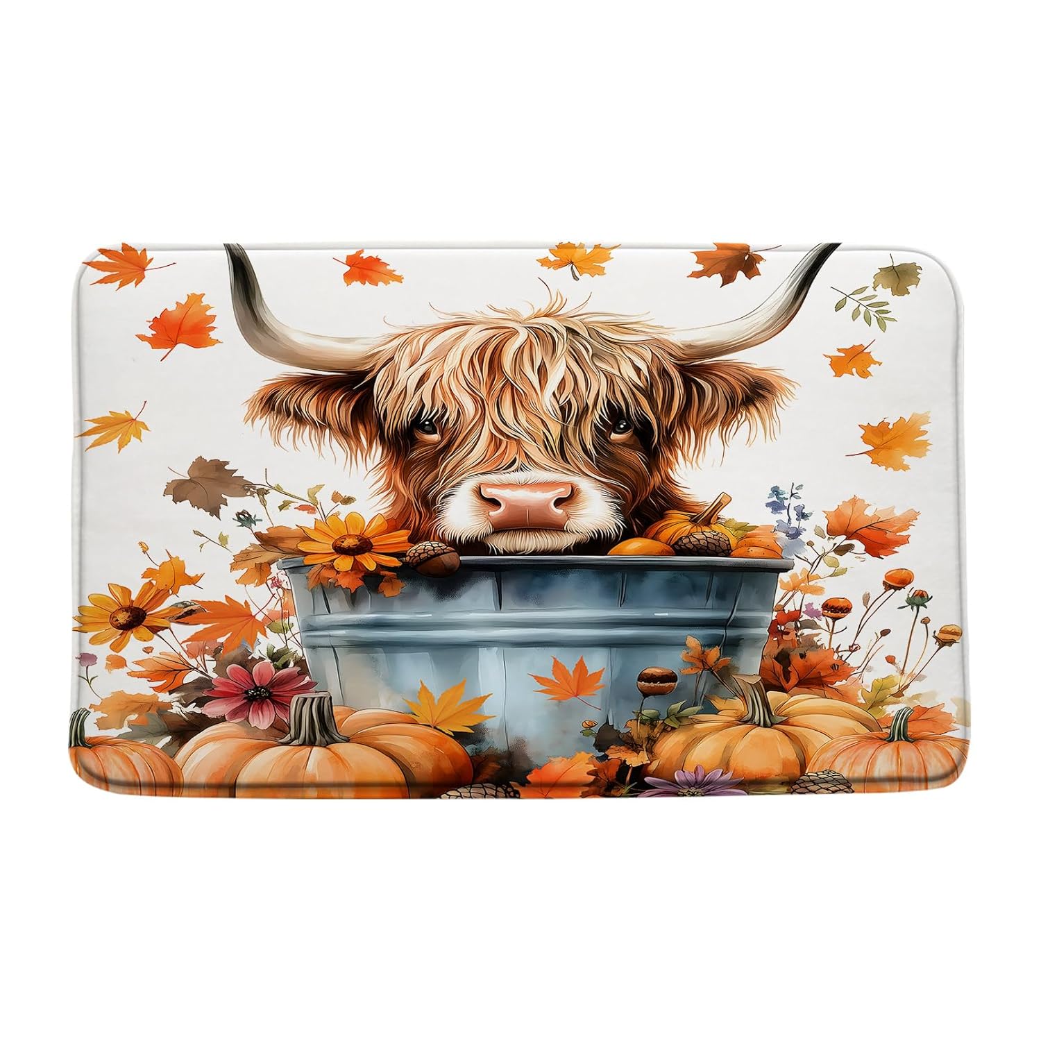 Highland Cow Pumpkin Bathroon Runner Rug Fall Thanksgiving Maple Leaf Cute Animal Floral Farmhouse Rustic Brown Kitchen Doormat