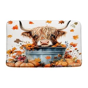 Highland Cow Pumpkin Bathroon Runner Rug Fall Thanksgiving Maple Leaf Cute Animal Floral Farmhouse Rustic Brown Kitchen Doormat