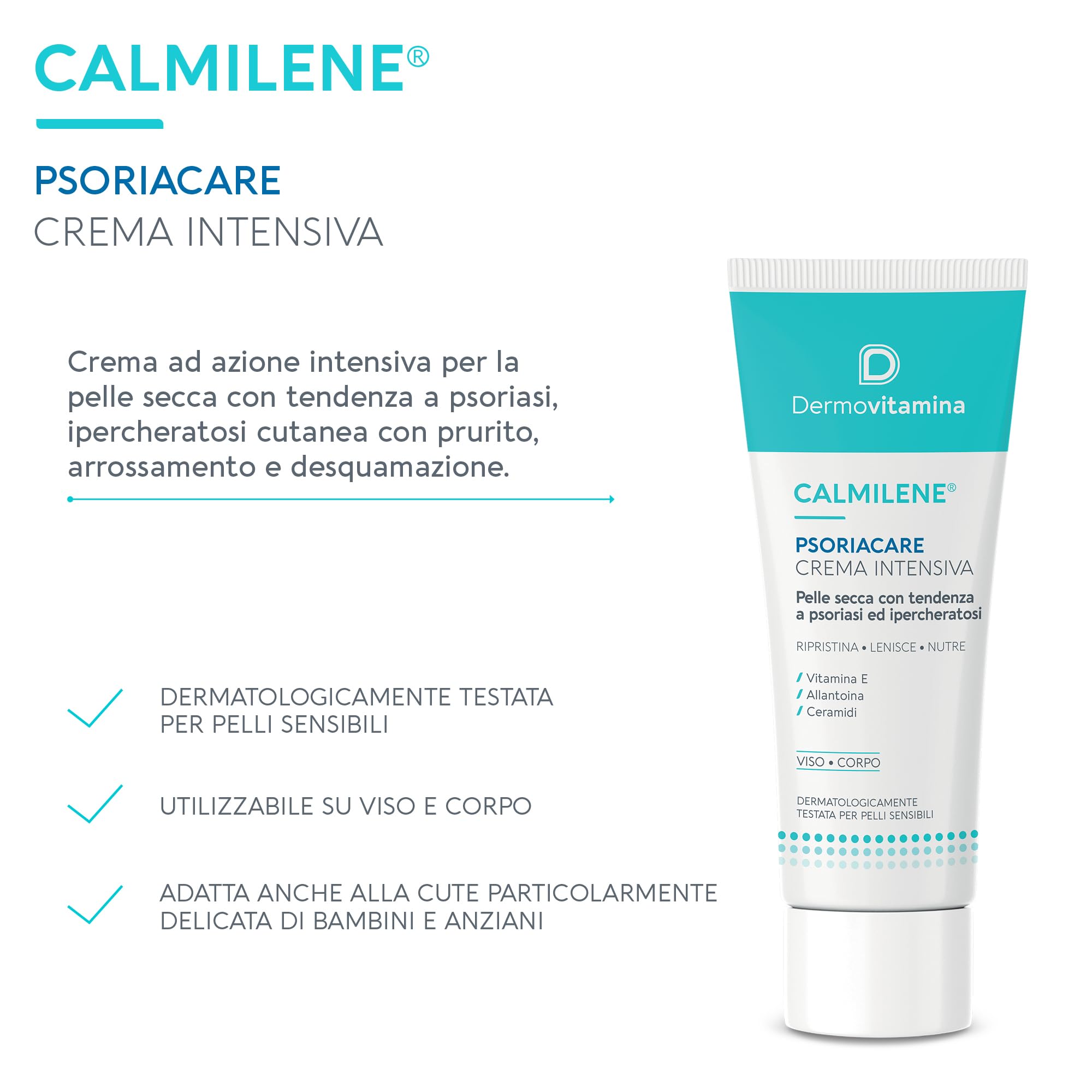 Dermovitamina Calmilene Psoriacare Crema Intensiva - Con Vitamina E e Ceramidi - Per la Pelle con Prurito, Arrossamento e Disquamazione - Con tendenza a Psoriasi e Ipercheratosi Cutanea - 50 ml