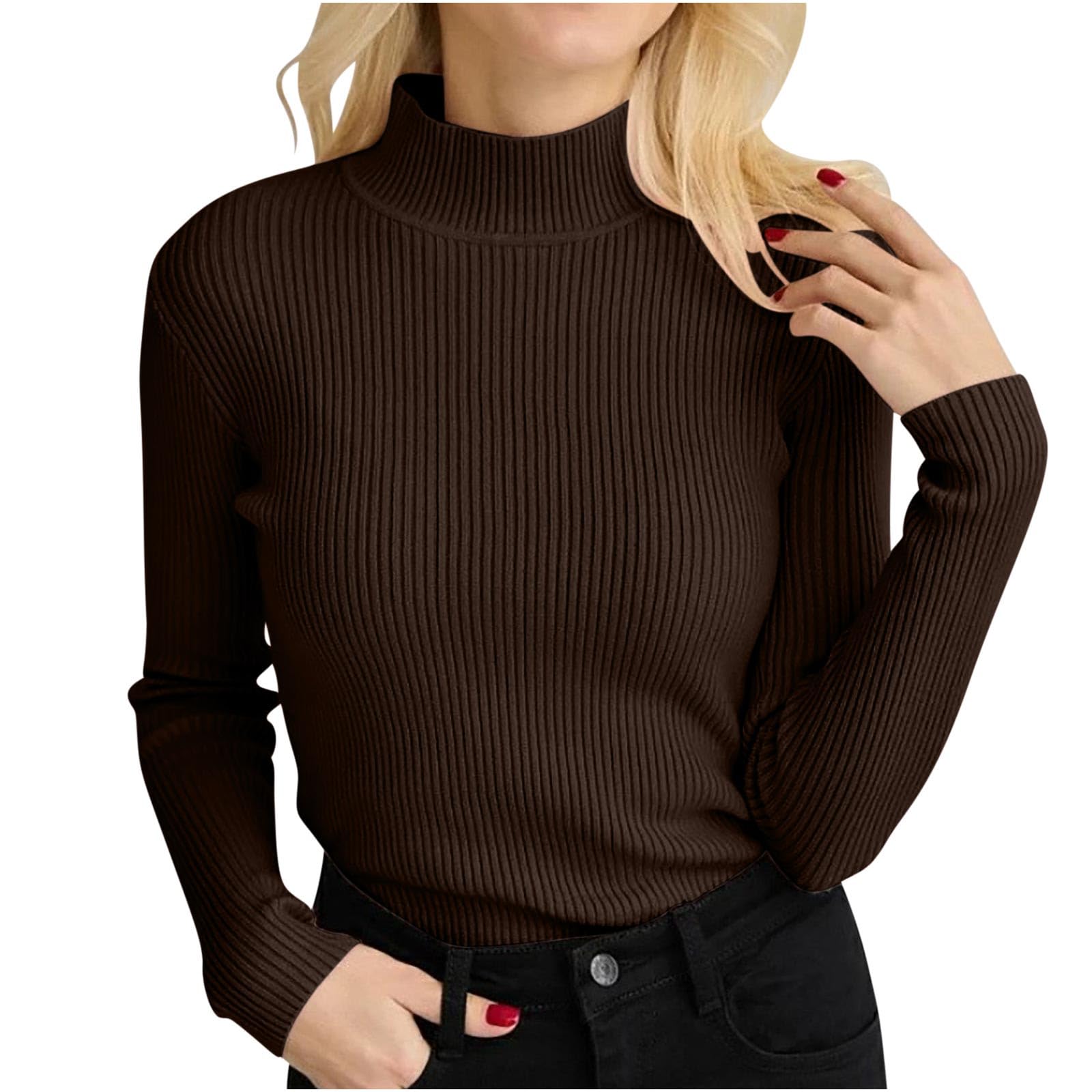 Fall Sweaters for Women 2024 Mock Neck Long Sleeve Solid Ribbed Knit Sweater Top Basic Casual Slim Fit