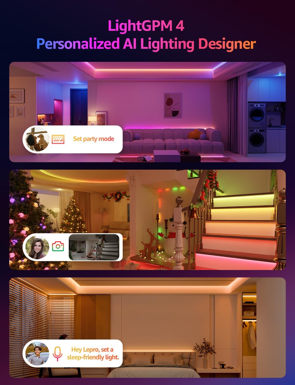 Lepro S2 AI Smart LED Strip Lights - 32.8ft RGBCW Light Strips with 2700K-5700K Tunable Warm White, Color Segment DIY, Personalized Al Lighting Designer, APP Control(No Remote), 2.4G Wi-Fi & Bluetooth - Image 2