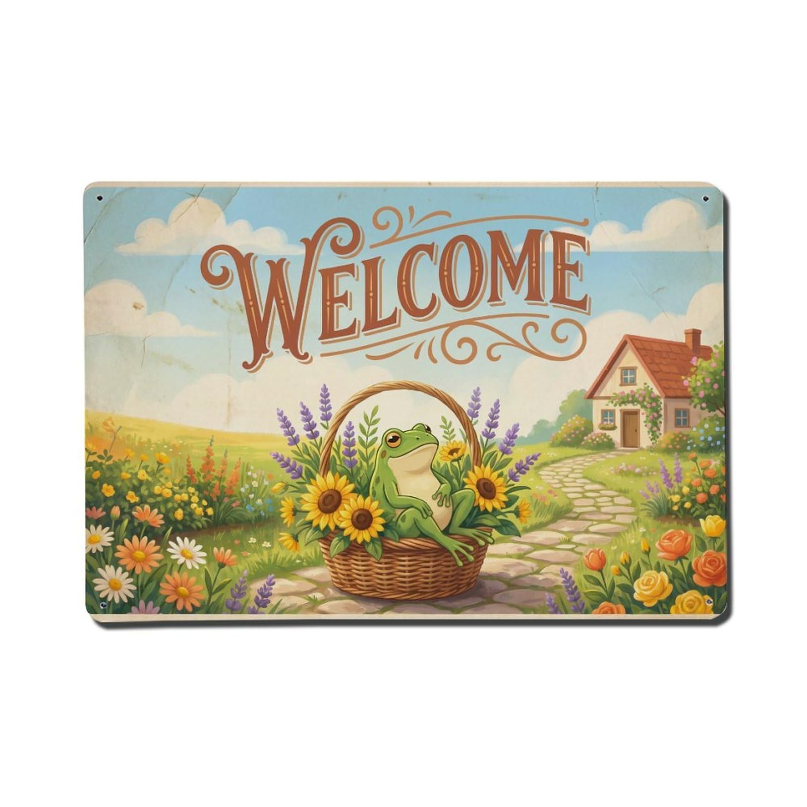 Vintage Welcome Frog Joyful Vibes Metal Tin Sign
