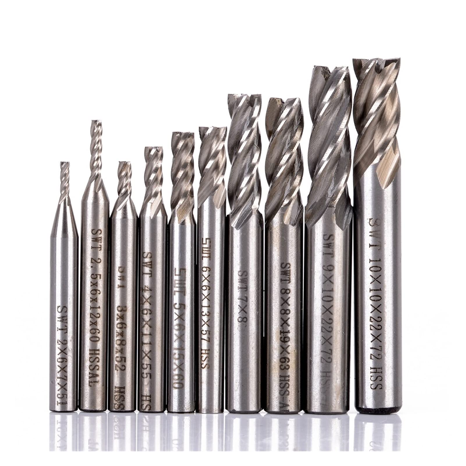 Bohrer Packung von 10. HSS. Aluminium 4 Flöten-Endfräser CNC Werkzeuge Fräsen Bits for Holz aus Kunststoff Aluminium Schneidwerkzeug Mühlen 2-10mm