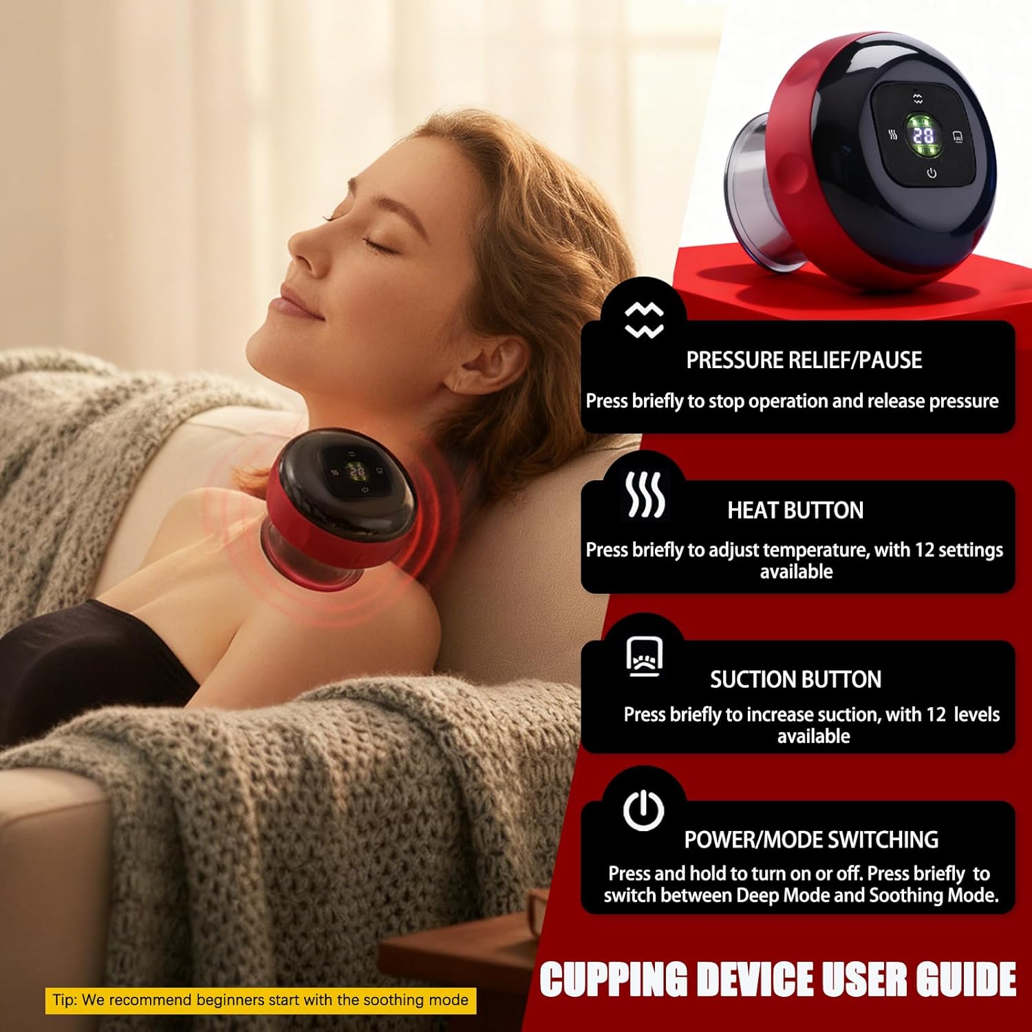 Red Light Cupping Therapy, 5 In 1 Smart Electric Cupping Device Kit for Massage Therapy, 12 Suction & Temperature Levels Massager, Infrared Therapeutic Heat for Back, Shoulder, Muscle Relief (Red) - Image 5