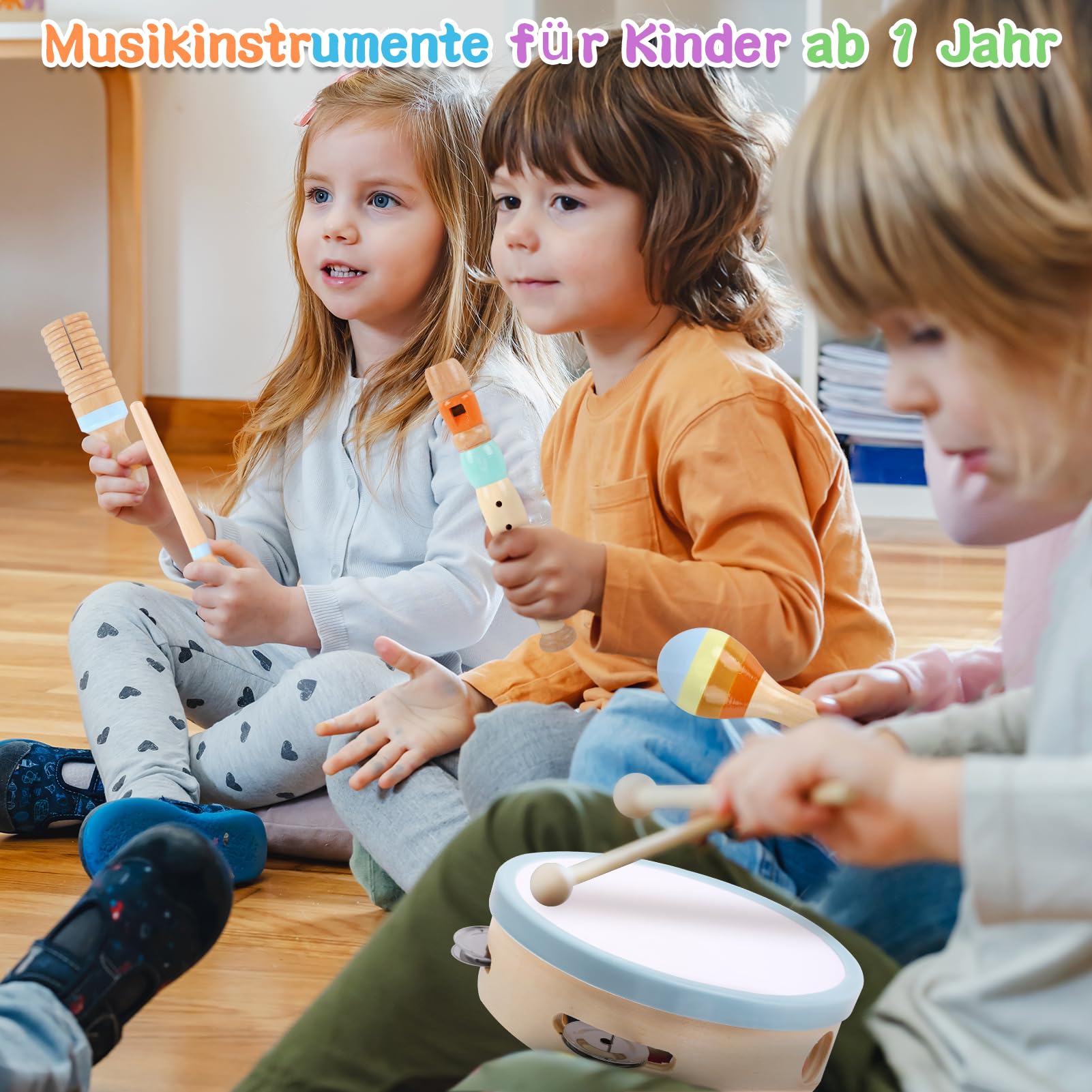 ATOYUS Montessori Musikinstrumente Spielzeug für Kinder ab 1 Jahr, Holz Schlaginstrumente für 1-3 Jährige Jungen und Mädchen, mit Xylophon, Maracas, Geschenk zum 1. Geburtstag & zu Weihnachten
