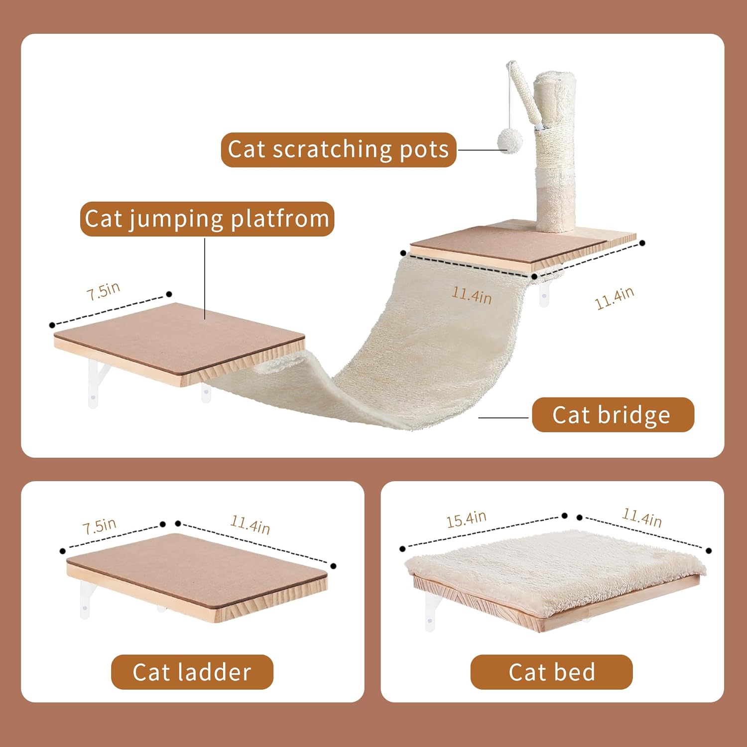 Wall Mounted Cat Climber Set, Cat Wall Shelves,with Hammock,Jumping Boards,Sofa,Steps,Scratching Post,Hanging Ball and Felt Pads, Suit for Cats Climb, Jump,Scratch-Beige