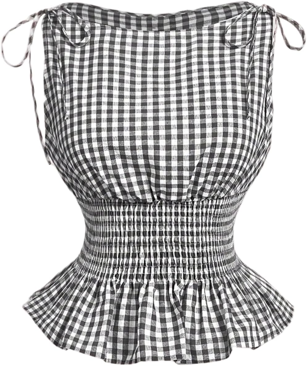 GORGLITTER Women's Gingham Boat Neck Crop Tank Top Bow Cinched Waisted Cute Plaid Checkered Ruffle Smocked Fitted Shirt