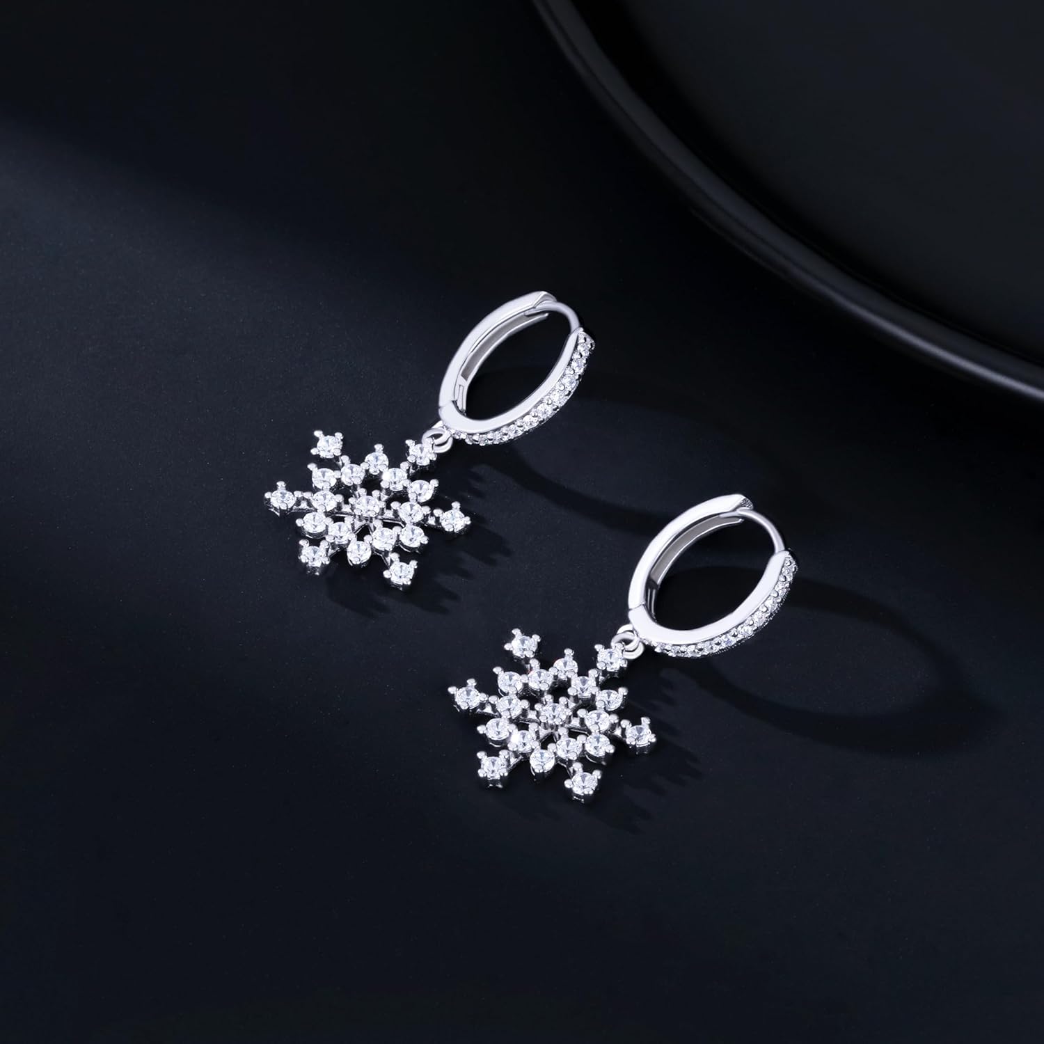 Reffeer Solid 925 Sterling Silver Snowflake Drop Earrings Hoops for Women Girls CZ Snowflake Dangle Earrings Huggie