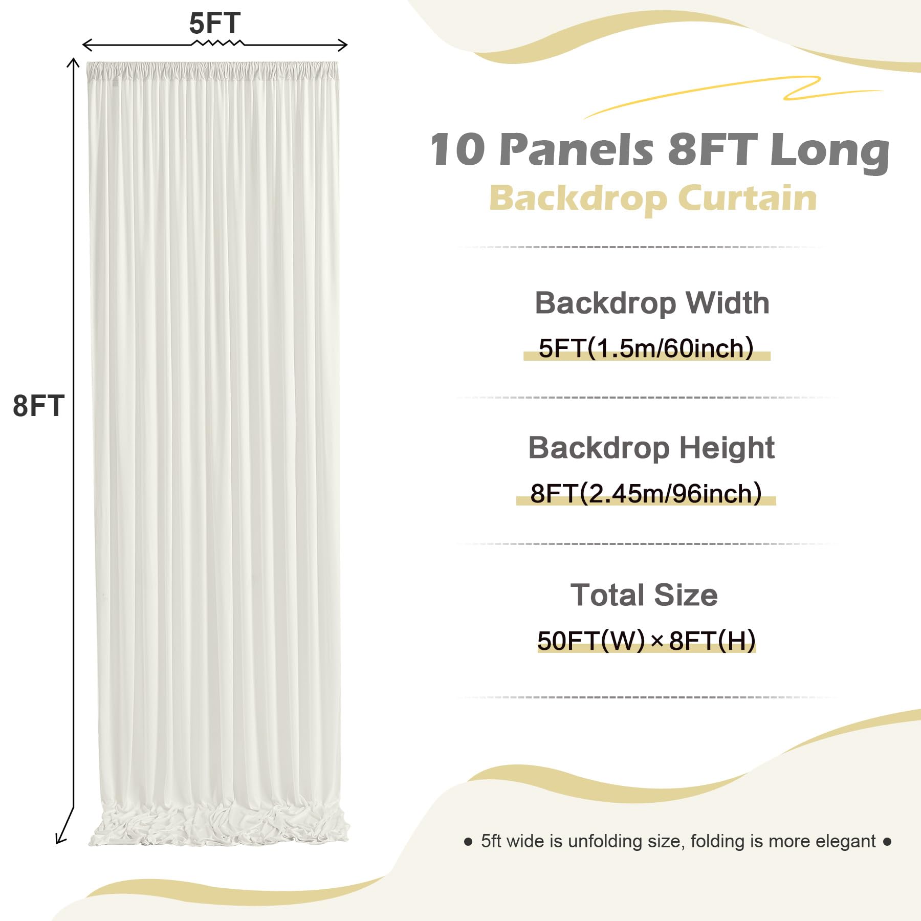 NSSONBEN Toile de fond sans plis de 15,2 m x 2,4 m en ivoire pour les fêtes, 10 panneaux de 1,5 m x 2,4 m en polyester soyeux pour mariage, toile de fond pour photographie de baptême et d’anniversaire