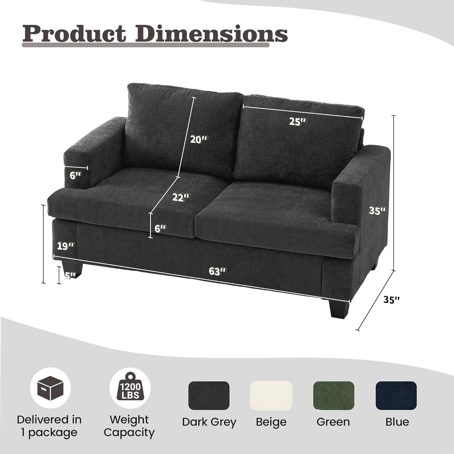 Apicizon 63" Cloud Sofa Loveseat Sofas, Comfy Loveseat Couch for Bedroom Living Room, Couch Sofa with Removable Cushions, Dark Grey Chenille