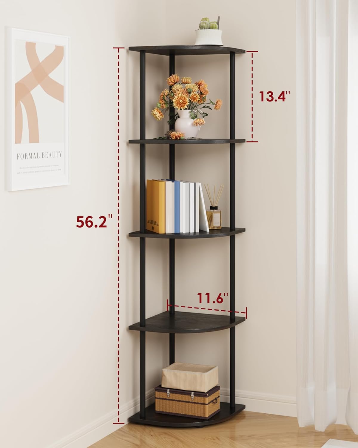 Corner Shelf - 5-Tier Corner Bookshelf with Wall Anchors & Non-Slip Feet, Corner Shelves with Rustproof Metal Frame for Bedroom, Living Room, Home Office, 11.6"×11.6"×56.2", Black