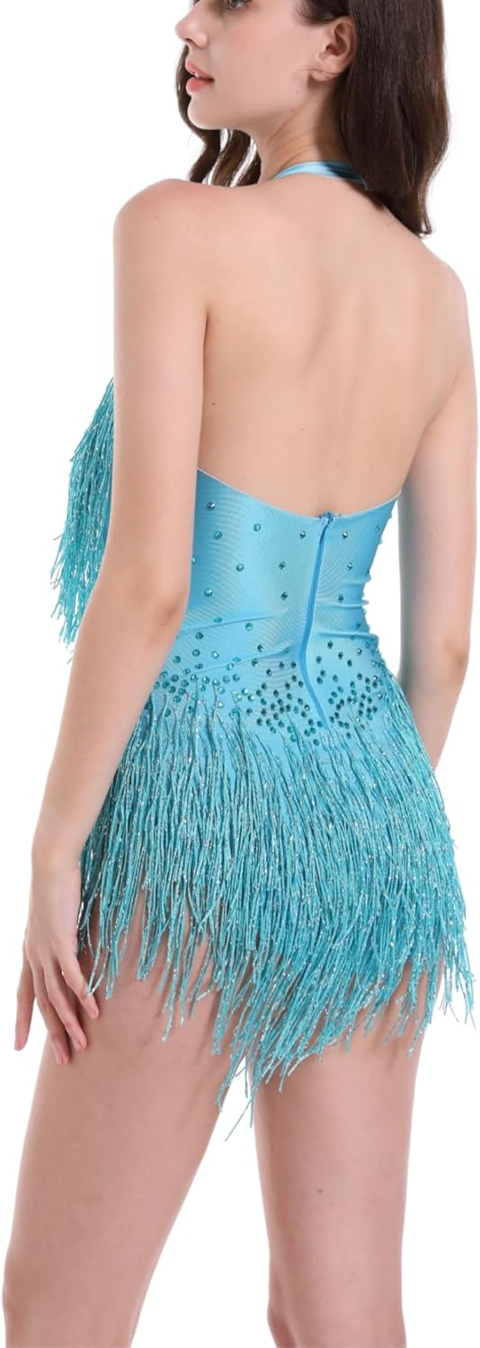 Sparkly Sky Blue Rhinestone Bodysuit for Women Dance Fringe Latin Jazz Leotard Drag Queen Costume Party Clubwear - Image 2