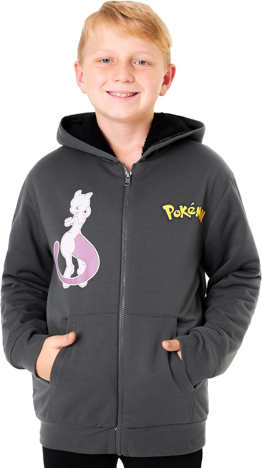 Pokemon Sherpa Fleece Hoodie for Boys, Teens, Ages 7-14, Hooded Zip-Up Sweatshirt, Warm Hoodies, Anime Gifts for Boys