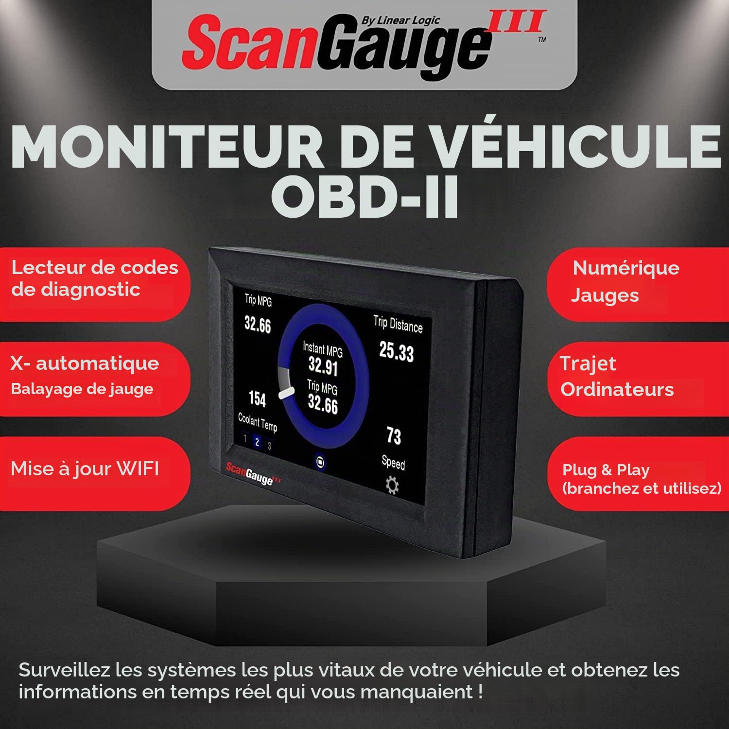 ScanGauge III Ordinateur de Voyage de Carburant avec jauge XGauge (avec Support de fenêtre de Luxe) PN: sgIII