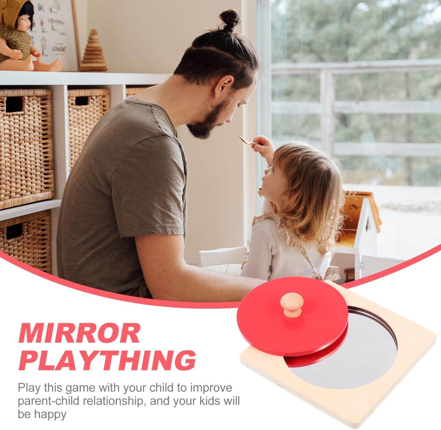 Montessori Mirror, Baby Mirror Button Puzzle Toys, okrągłe drewniane zabawki w formie geometrycznej Wczesne zabawki edukacyjne dla noworodków, dzieci, małych dzieci 6-12 miesięcy