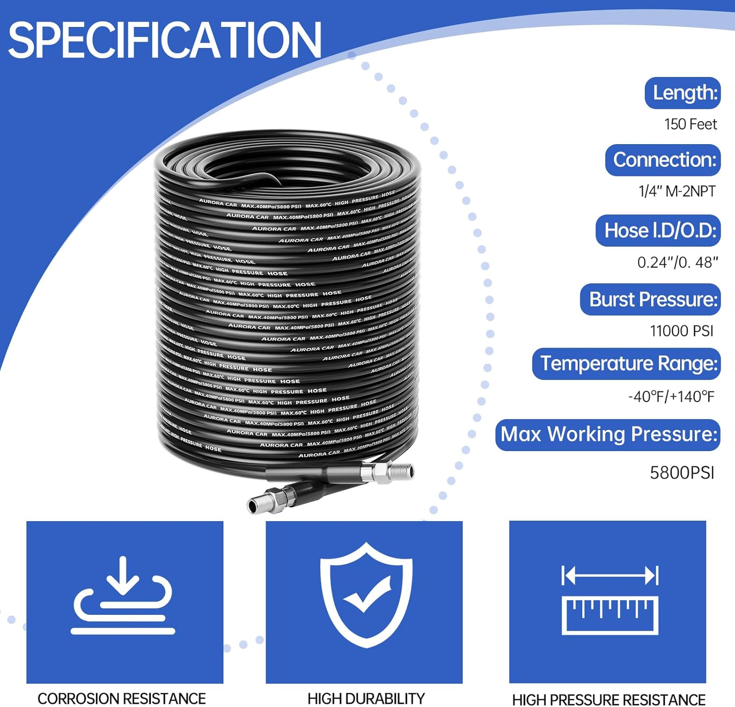 Sewer Jetter Kit for Pressure Washer 150FT，Drain Cleaner Hose 1/4 Inch NPT Corner, Rotating and Button Nose Sewer Jetting Nozzle Kit Waterproof Tape Pearl Corsage Pin and Spanners，5800PSI