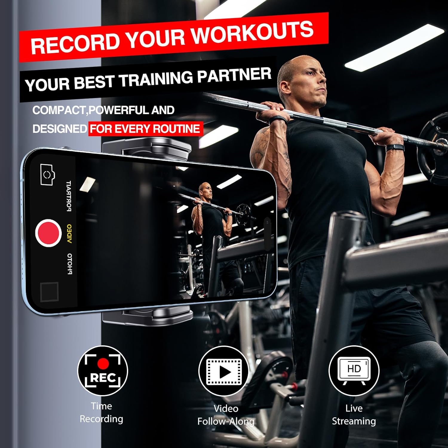 Portable Magnetic Phone Holder for Gym, 360° Adjustable [N52 Strong Magnets] Mount with Stand Base for All Smartphone 4.7-6.7" (Black) - Image 3