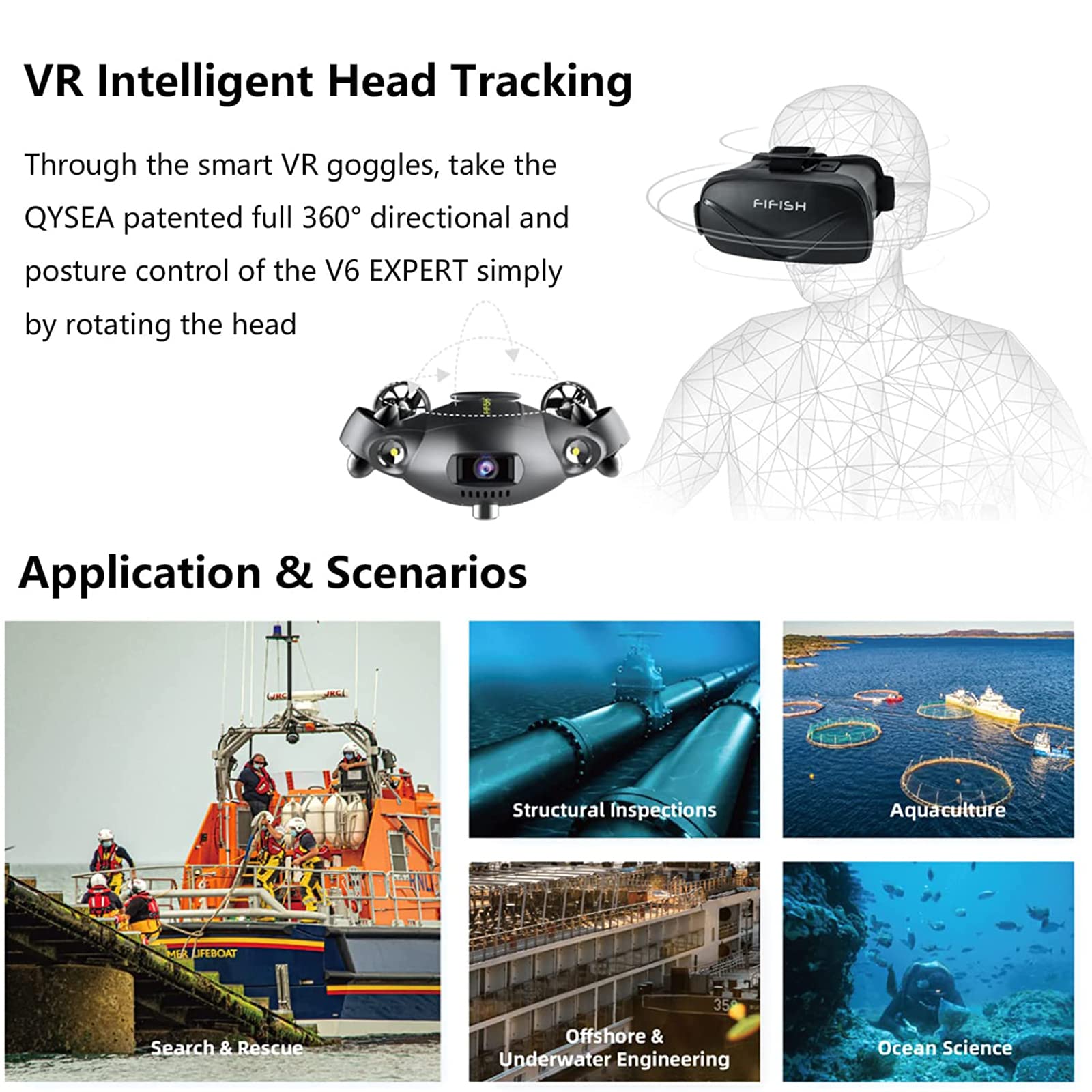 FIFISH V6 Expert M100 podwodny dron, ulepszony profesjonalny ROV, z kamerą 4K UHD, monitorowaniem VR, diodami LED 6000lm, kablem 100M, obudową EPP