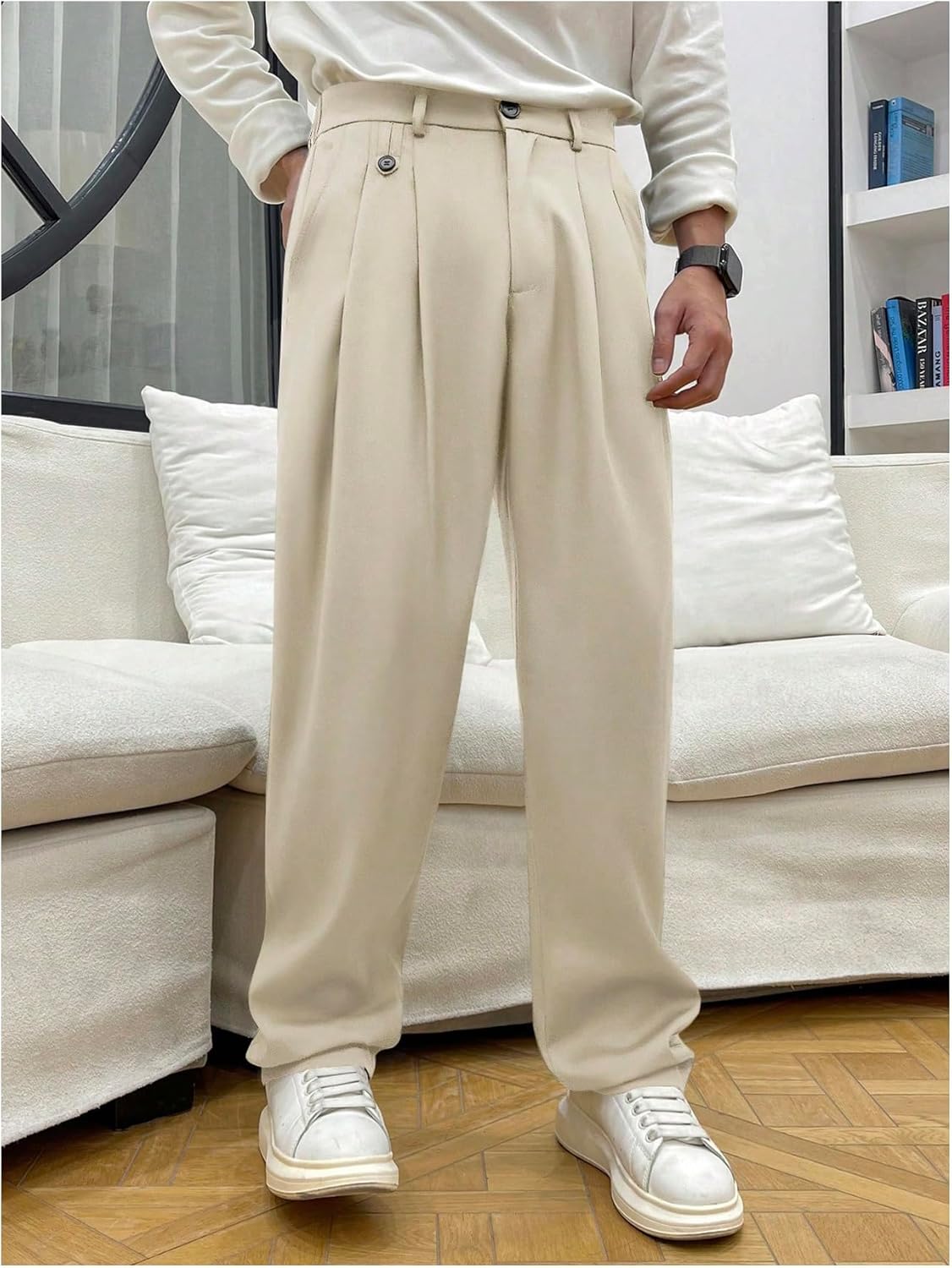 OYOANGLE Men's Pleated Dress Pants Straight Leg Zipper Fly Business Suit Pants with Pockets - Image 5