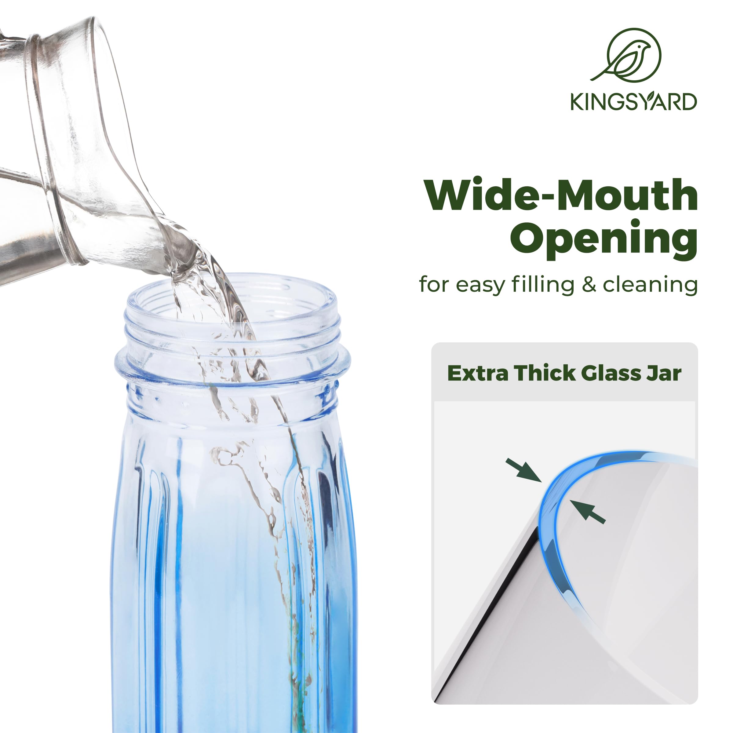 Kingsyard Comedero de agua para pájaros, dispensador de agua de vidrio de 16 onzas, dispensador de agua para pájaros con colgante de metal para decoración exterior de jardín, patio, azul