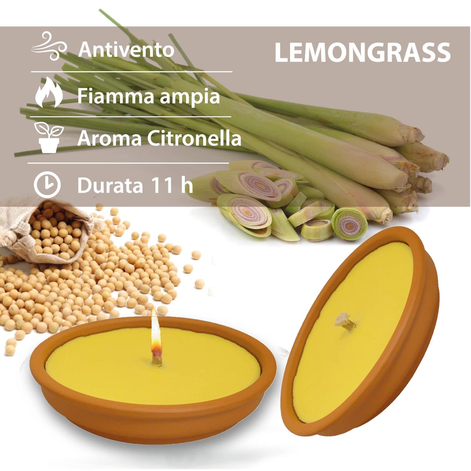 Crisalide® Candela alla Citronella, Fiaccola, Prodotto in Italia, Giardinaggio, Antizanzare, Esterno, Feste e Eventi. (18cm 11 ore, Set Argilla)