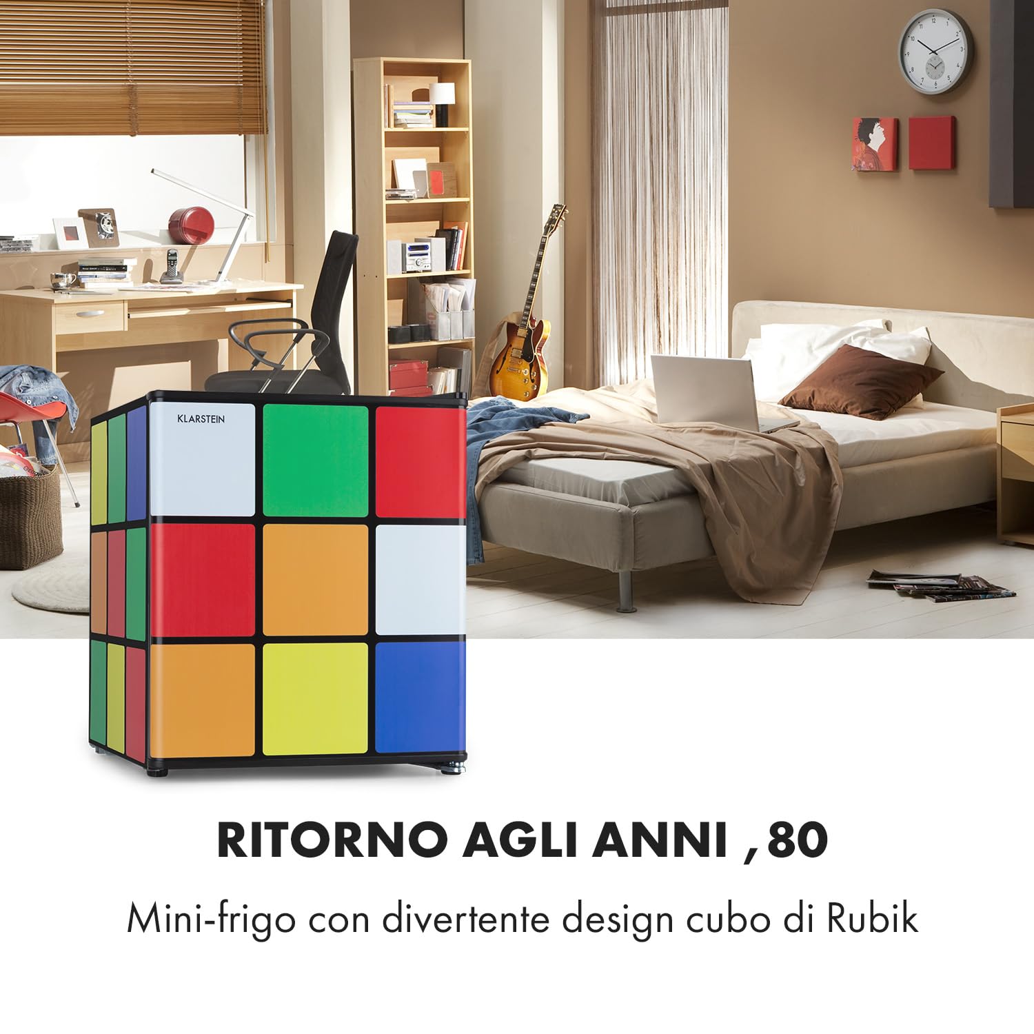 Klarstein Solve - Mini frigorifero, minibar, sistema di raffreddamento termoelettrico, capacità 48 litri, controllo meccanico a rotazione, raffreddamento: da 0 a 10 °C, nero/colorato