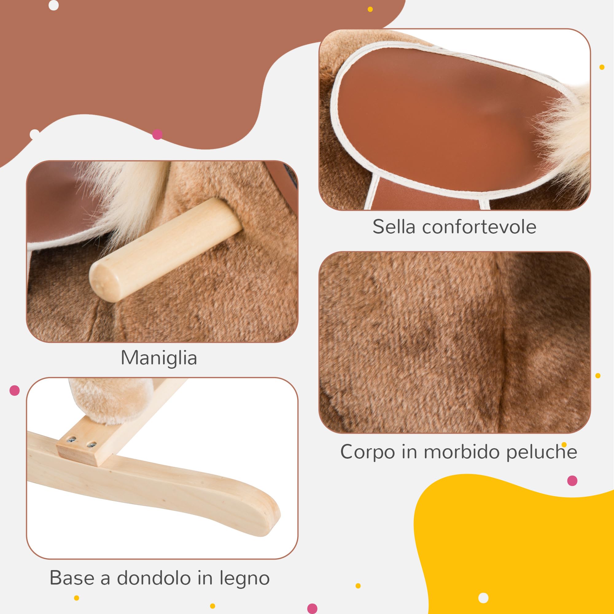 HOMCOM Cavallo a Dondolo per Bambini in Legno, Giocattolo Cavalcabile per Bambini in Peluche, 74x33x62 cm, Marrone