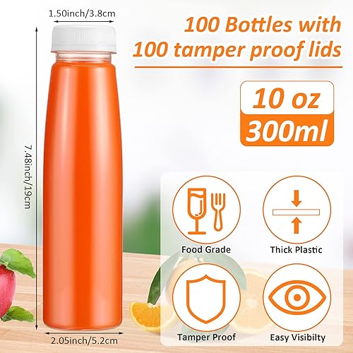 Miniatura 2 de Tanlade 100 botellas de plástico para jugos con tapas, recipientes transparentes reutilizables para bebidas, botellas vacías para jugos caseros,