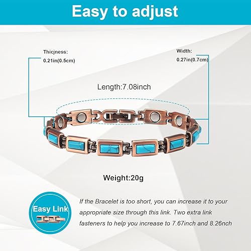 Miniatura 3 de Pulseras de cobre para mujer, 7.48 pulgadas, ajustable, azul, turquesa, magnético, regalo de joyería de moda (0170), Cobre