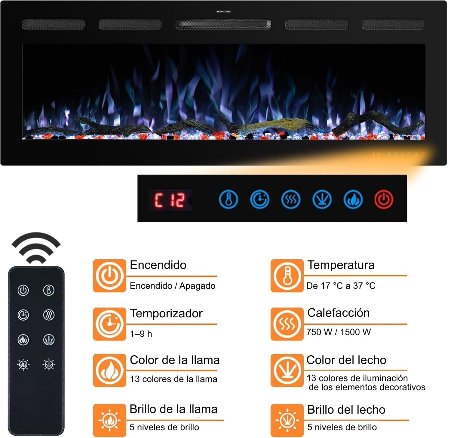Mystflame Galaxy 50 Pro Wi-Fi - Camino Elettrico da Parete con 13 Colori di Fiamma e Luce Inferiore, Letto di Combustibile in Legno e Cristallo, Termostato da 750/1500 W, Telecomando e Touchscreen