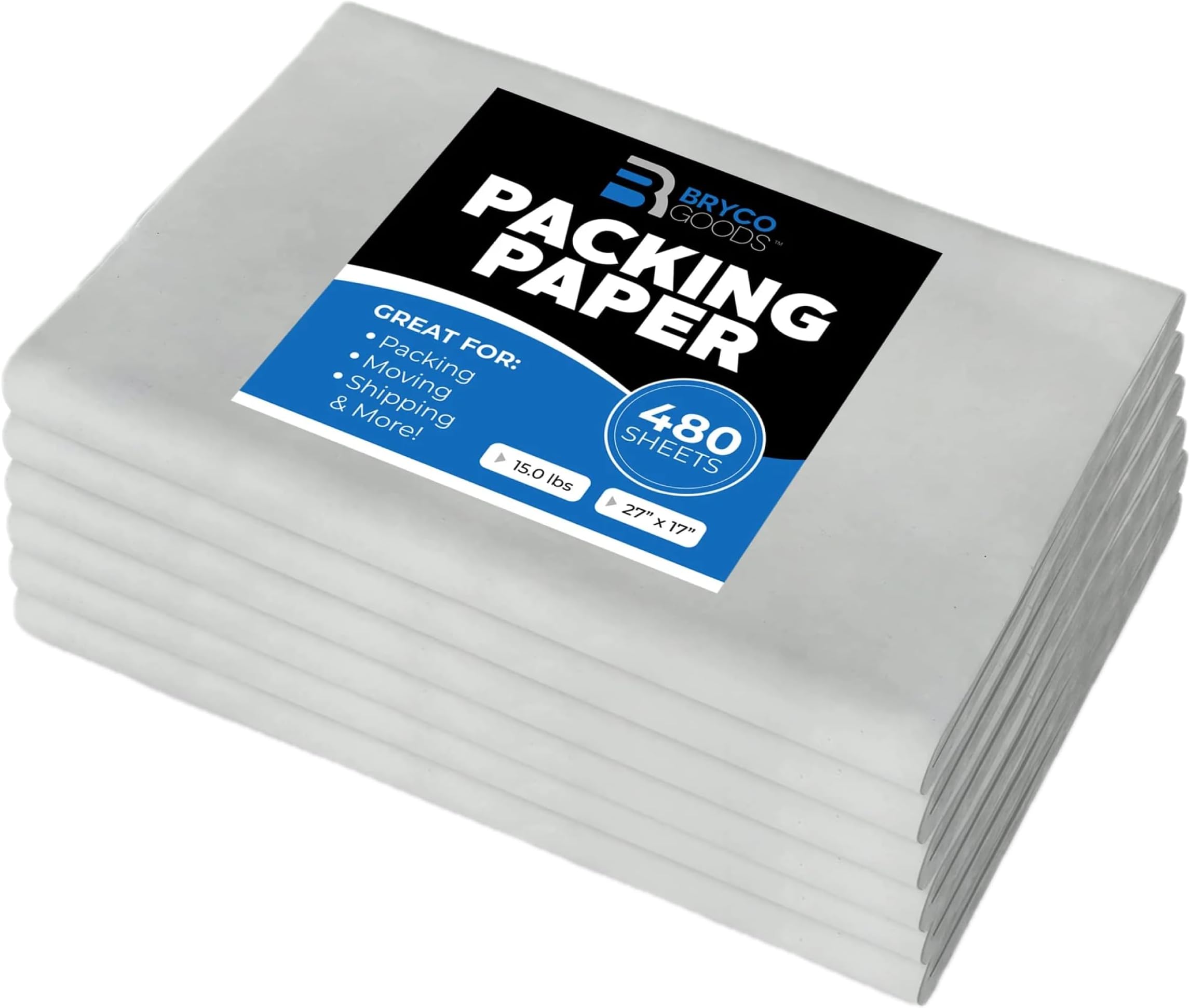 Bryco Goods Packing Paper Sheets for Moving - 15lb - 480 Sheets of Newsprint Paper - Must Have in Your Moving Supplies - 27" x 17"