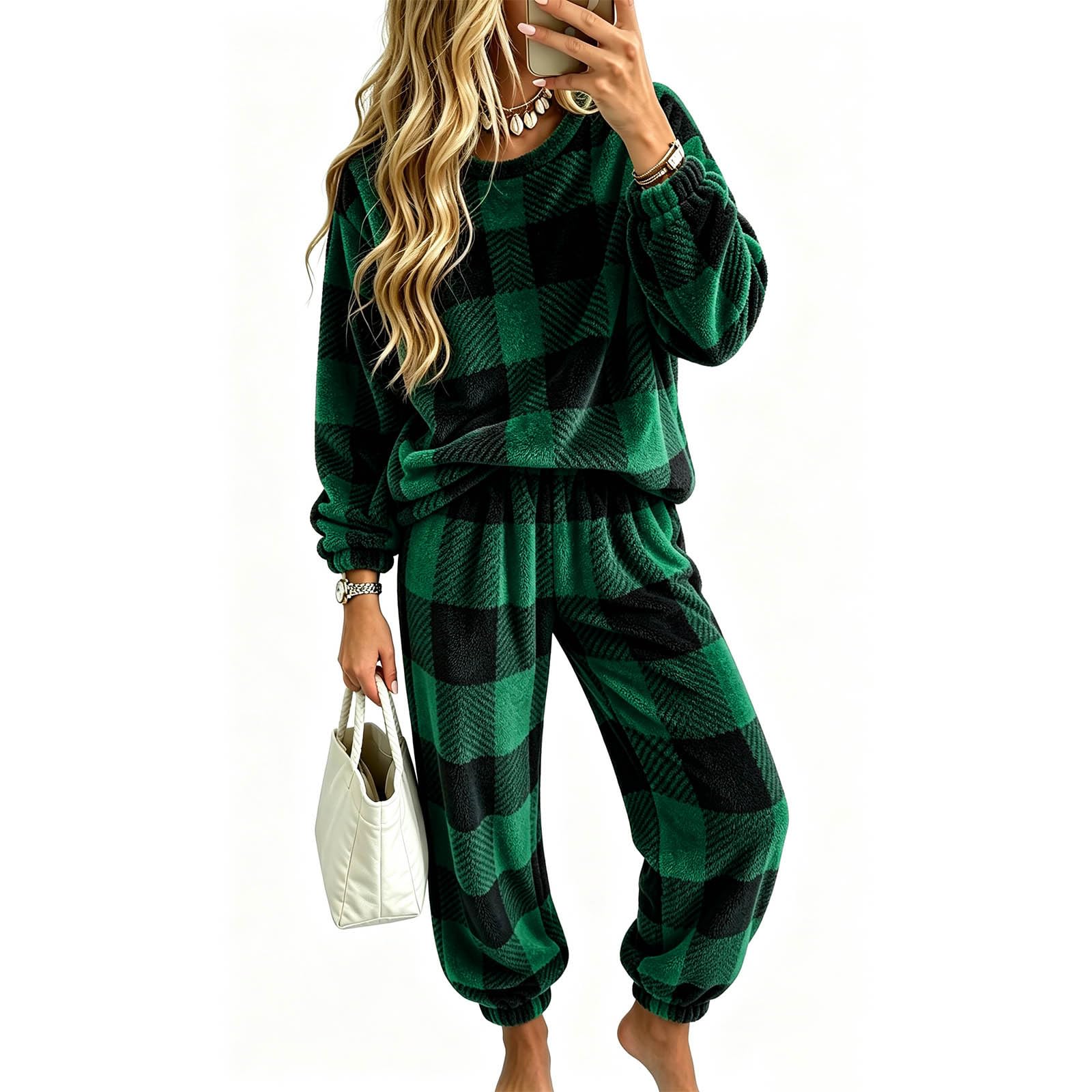 Ensemble 2 Pièces Pyjama Femme à Carreaux Flanelle Pull Col Rond Pantalon