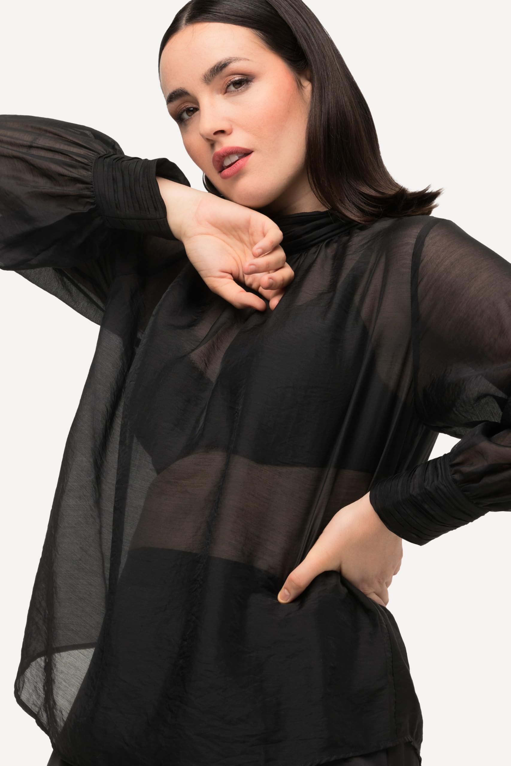 Ulla Popken Blusa con Lyocell, Pieghe Decorative, Collo Alto e Maniche Lunghe 822743