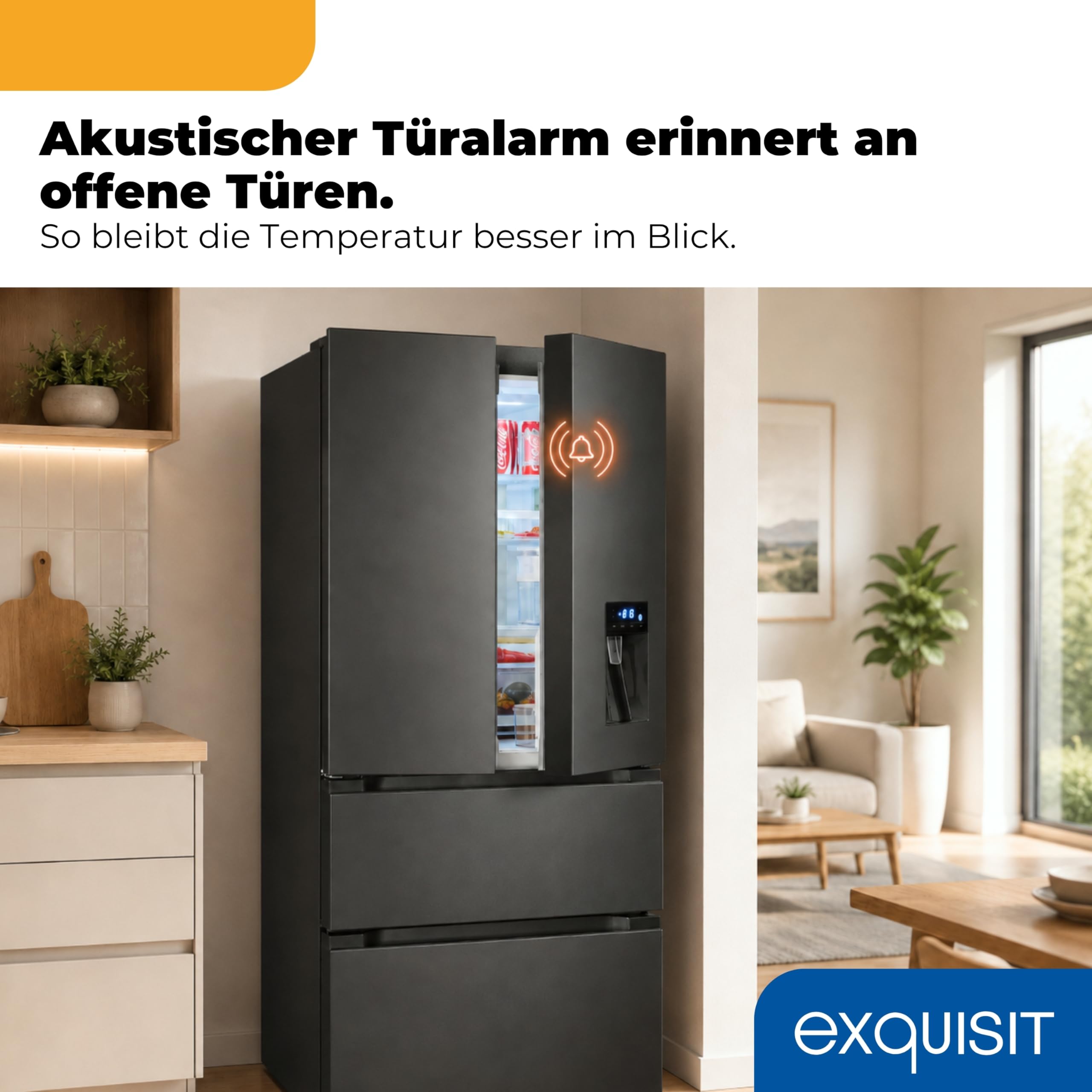 Exquisit French Door Kühl-Gefrierkombination 506 l, No Frost | Inoxlook, Wasserspender, LED, Schnellgefrieren, 183 l Gefrieren, Energieklasse E, 38 dB